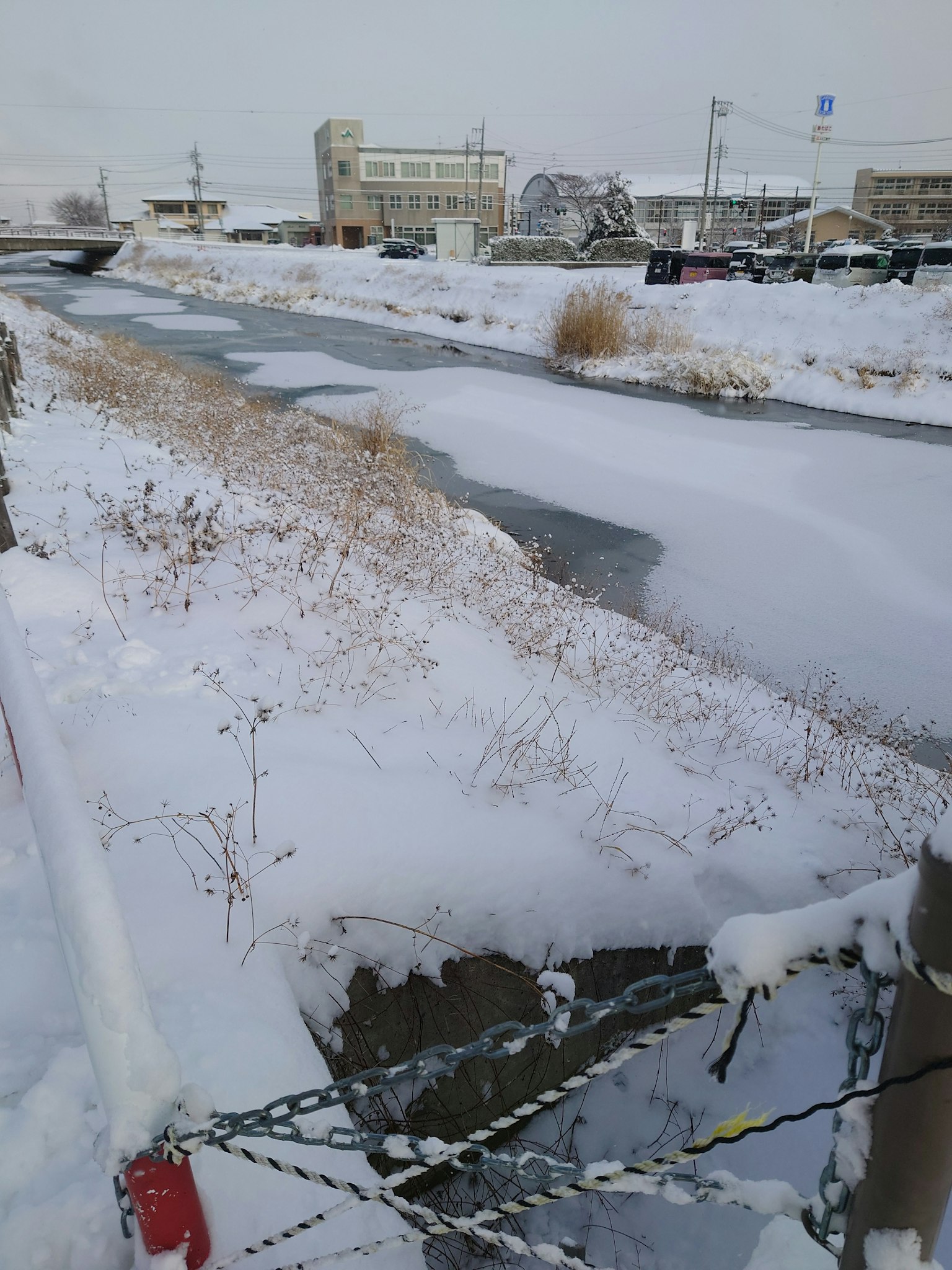 冬季景观，显示被雪覆盖的河岸和周围的建筑