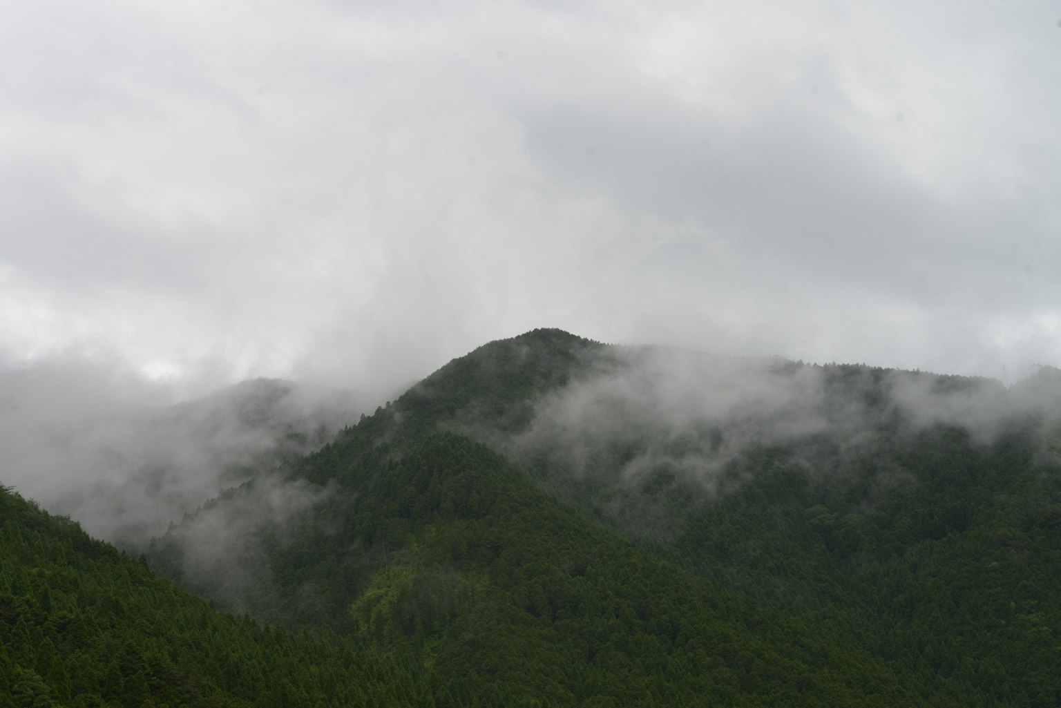 Green mountains shrouded in mist under a cloudy sky