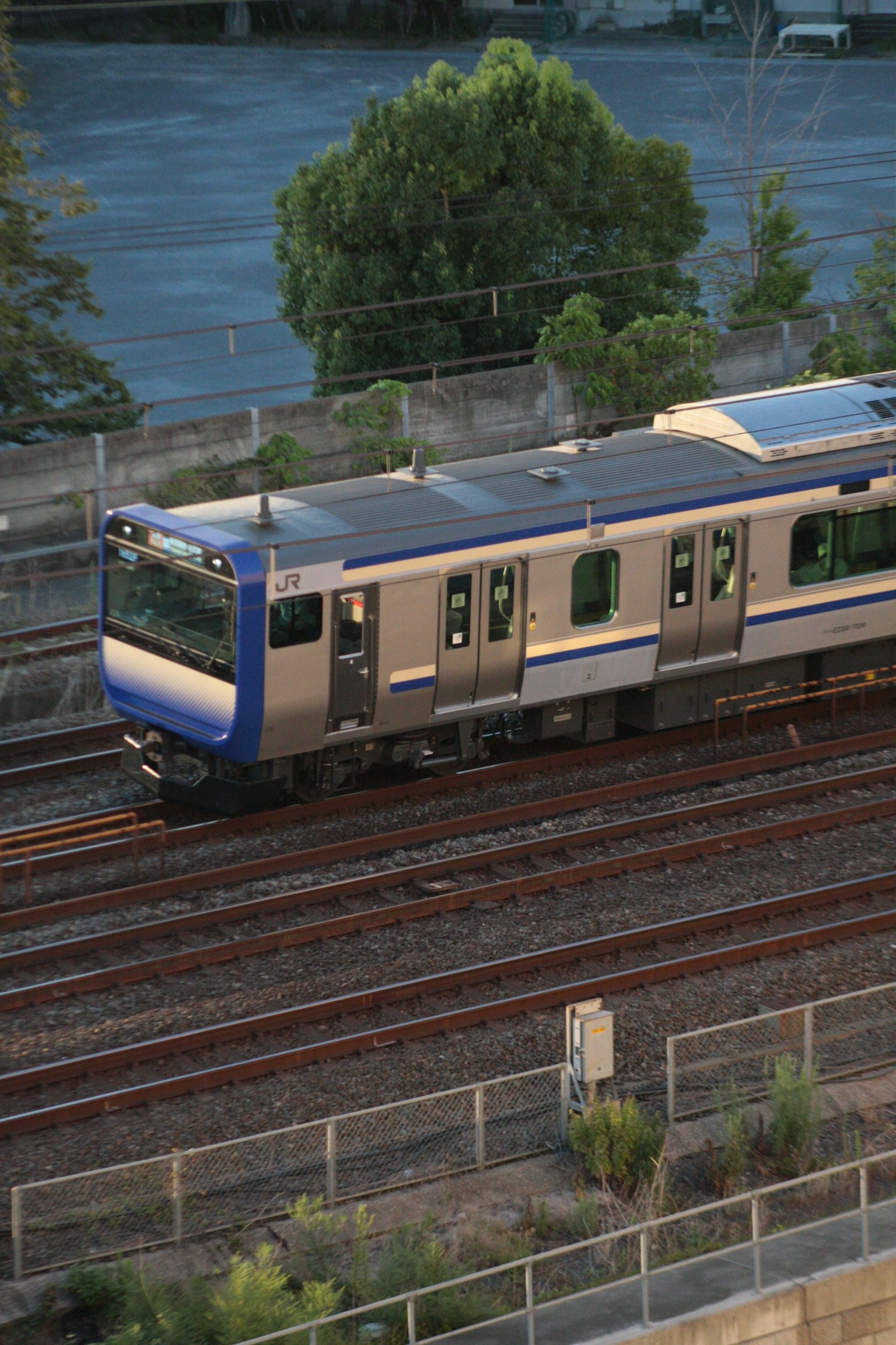 Treno argentato con accenti blu che viaggia su binari