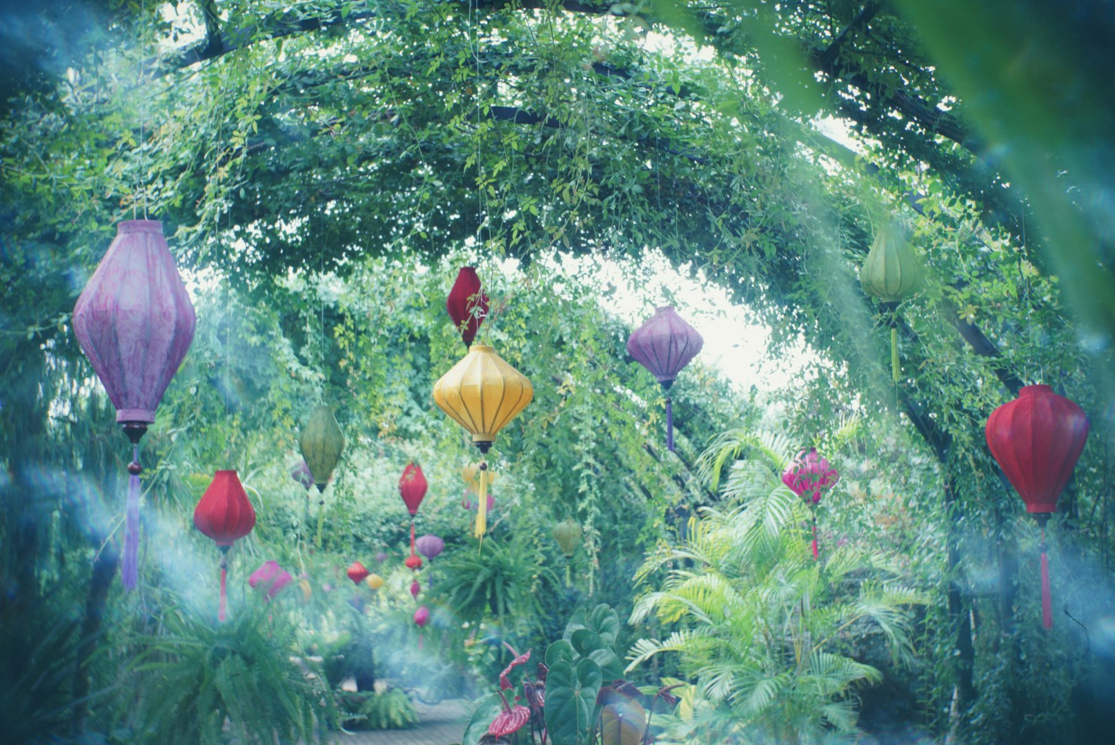 fantasy garden with colorful floating lanterns among trees and flowers