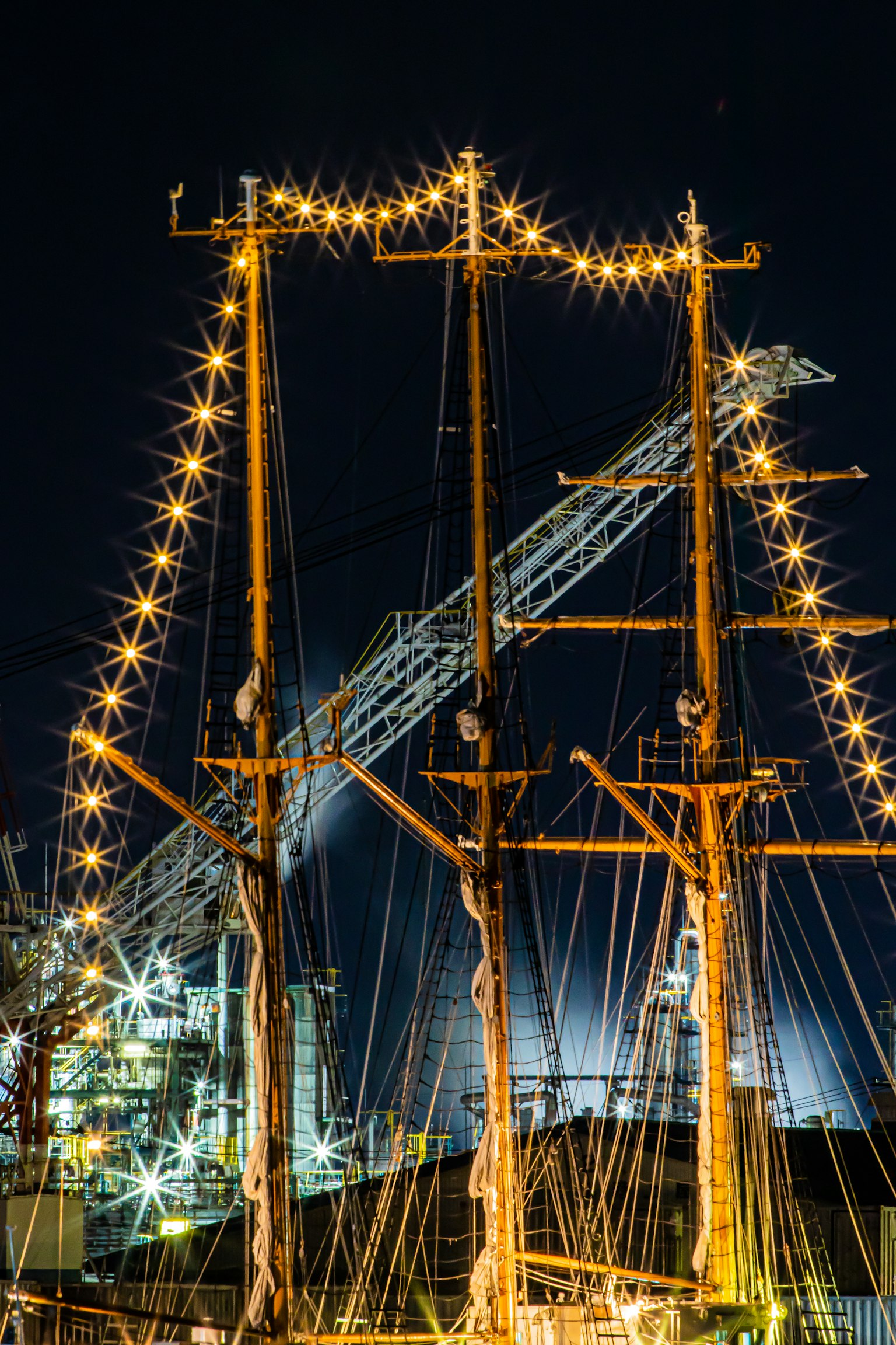 Display luminoso brillante sui pennoni di una nave di notte nel porto