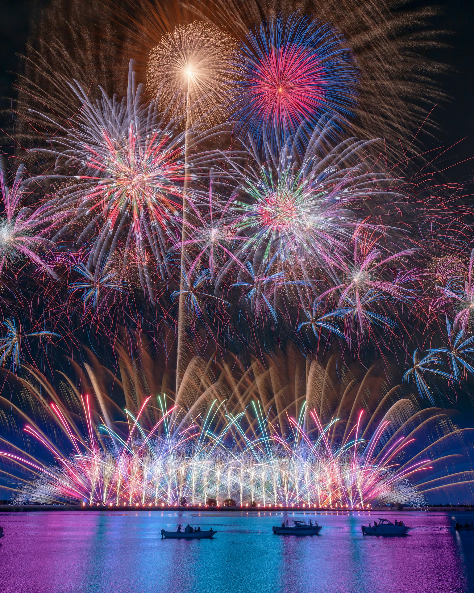 Una bellissima scena di fuochi d'artificio colorati che esplodono nel cielo notturno