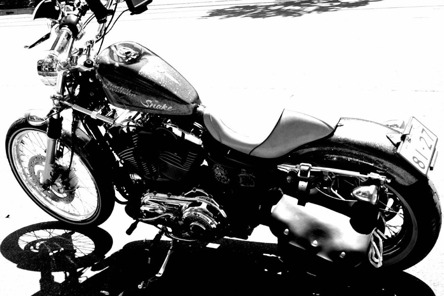 Moto Harley-Davidson in bianco e nero parcheggiata sulla strada