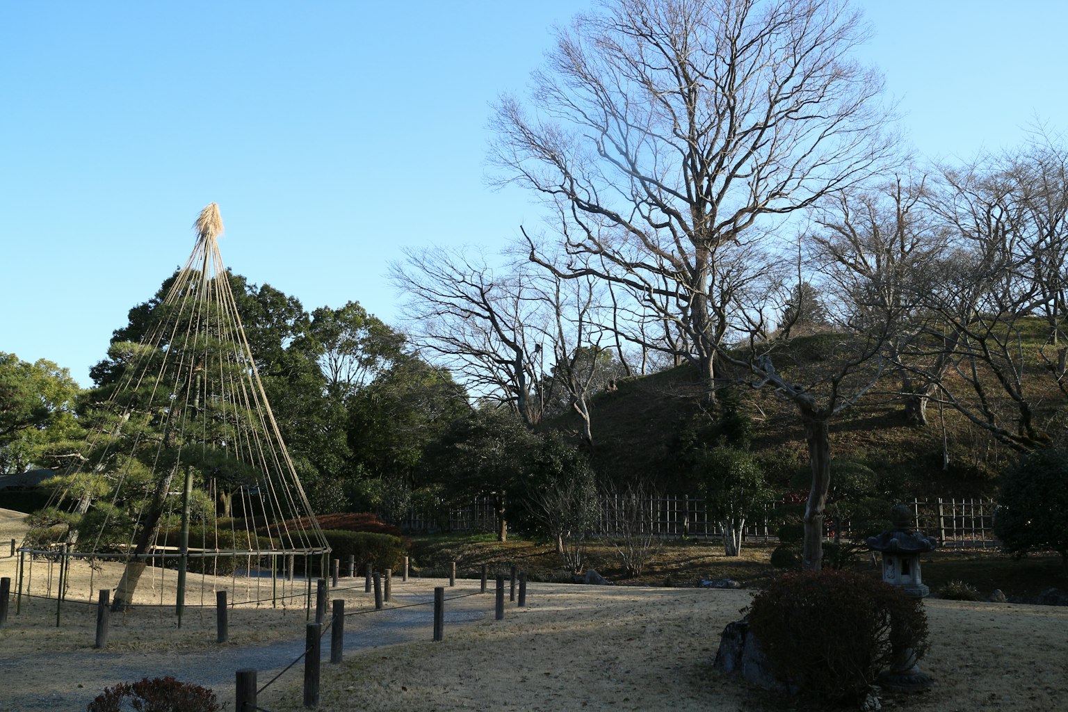Escena de parque invernal con estructuras de bambú árboles desnudos al fondo