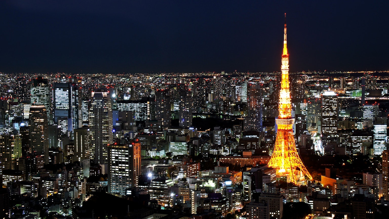 Torre de Tokio iluminada por la noche con un impresionante horizonte urbano
