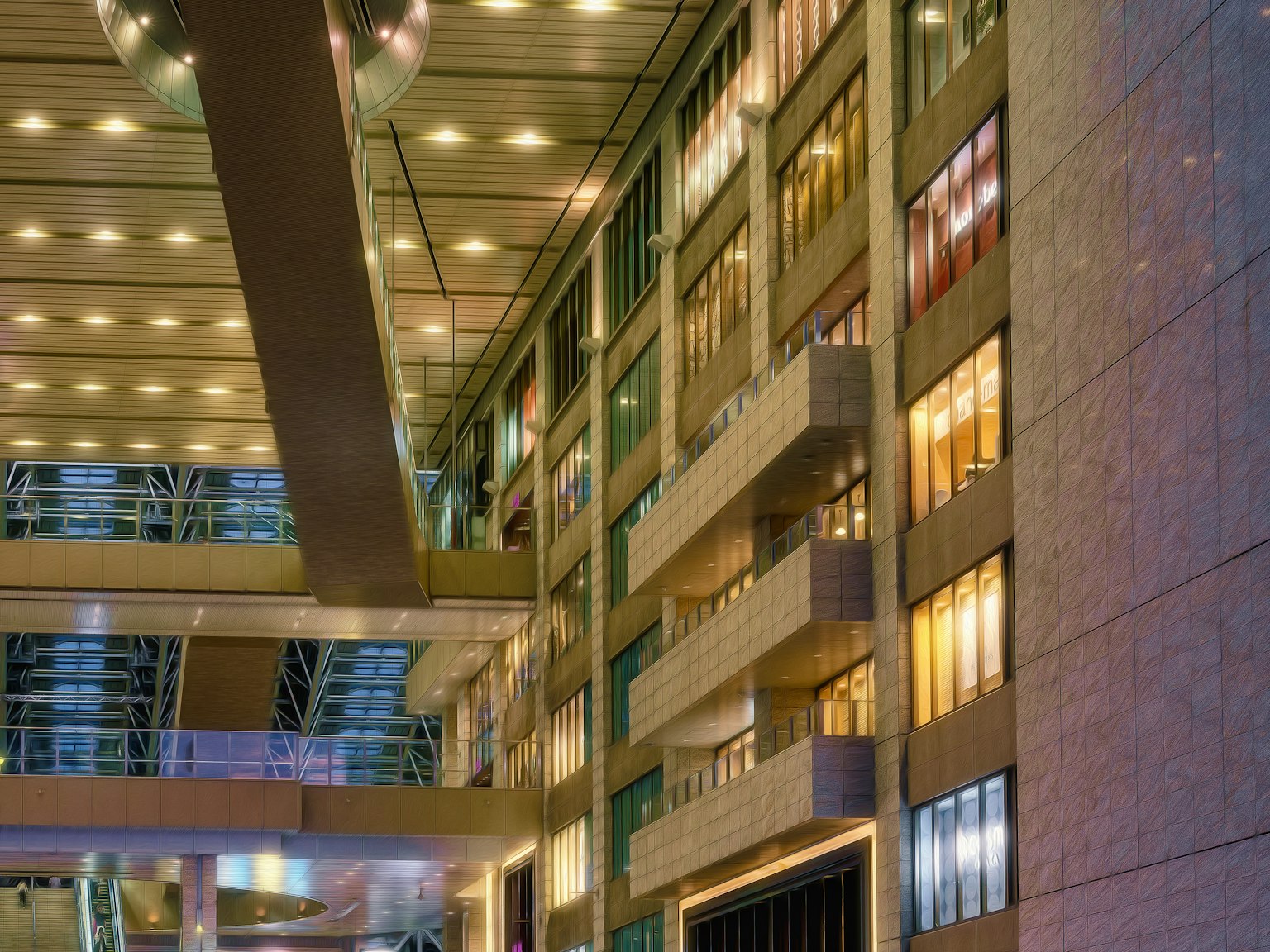 現代建築內部夜景明亮的彩色窗戶