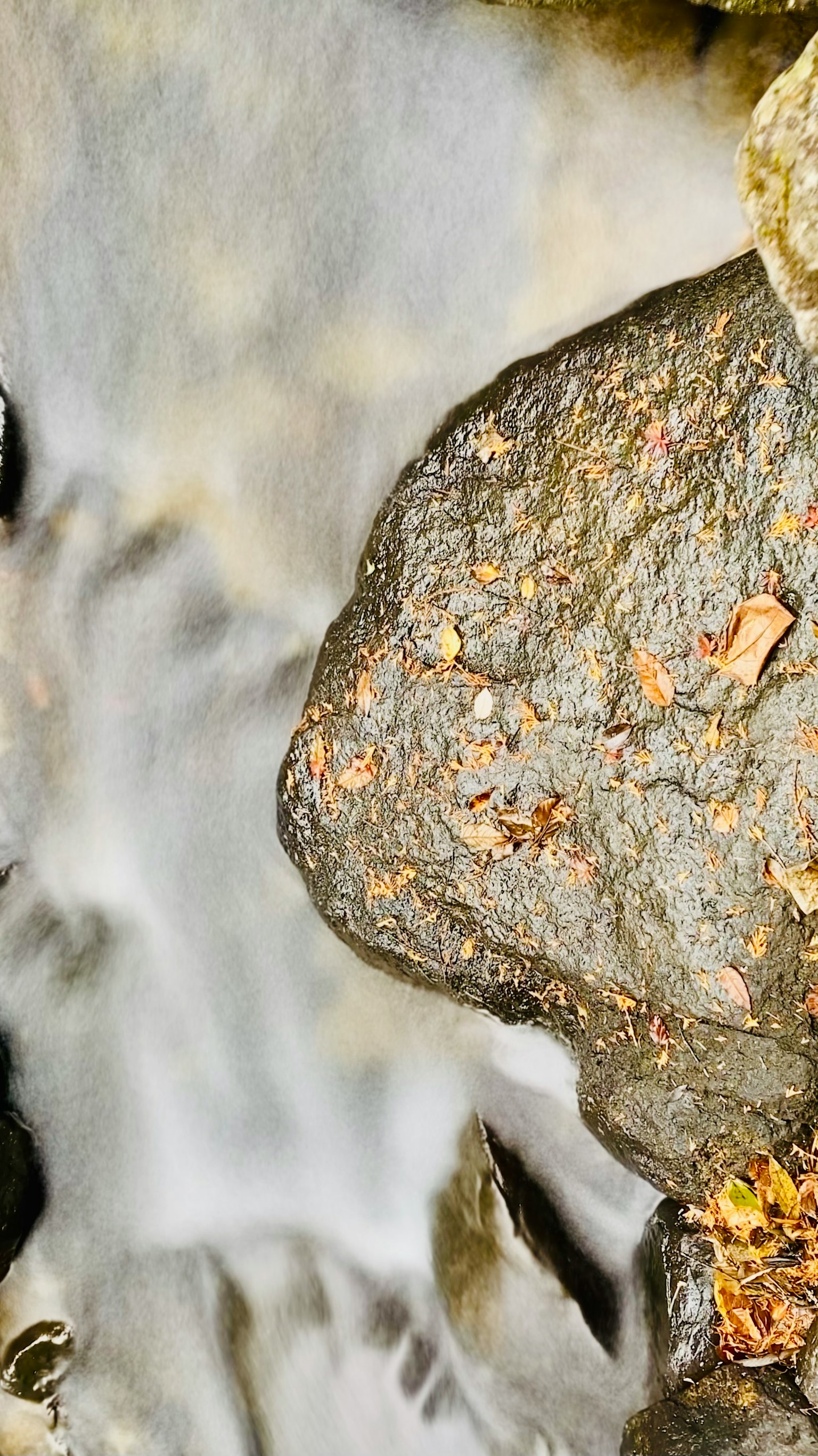 Primo piano di una roccia nell'acqua corrente con colori vivaci e texture naturali