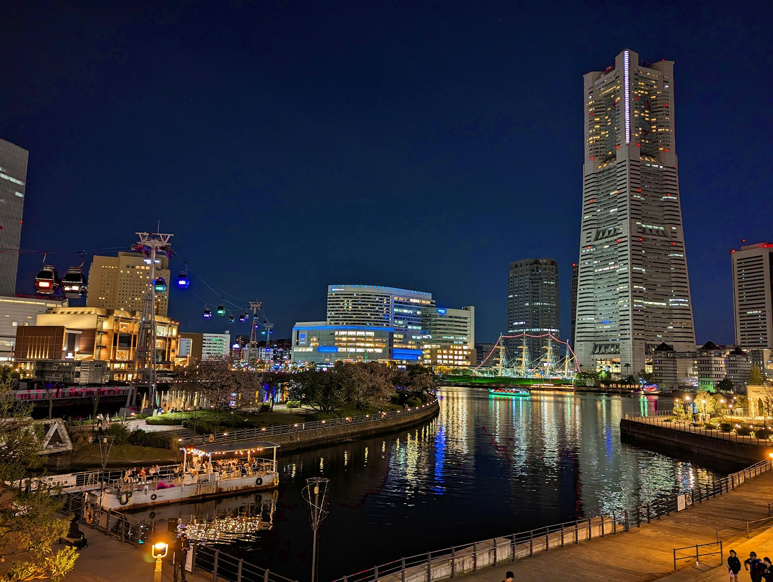Yokohama skyline at night with reflections on the water