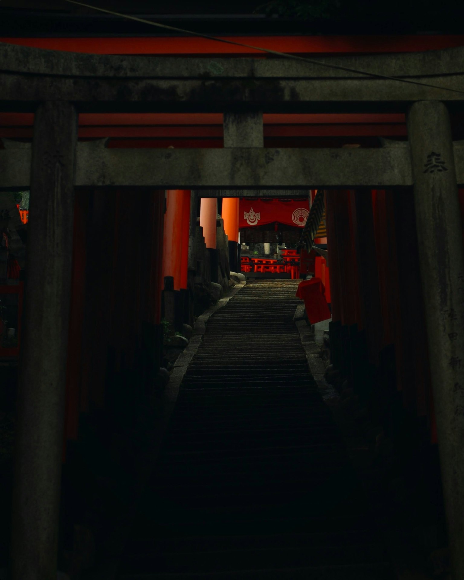 Camino oscuro flanqueado por puertas torii rojas