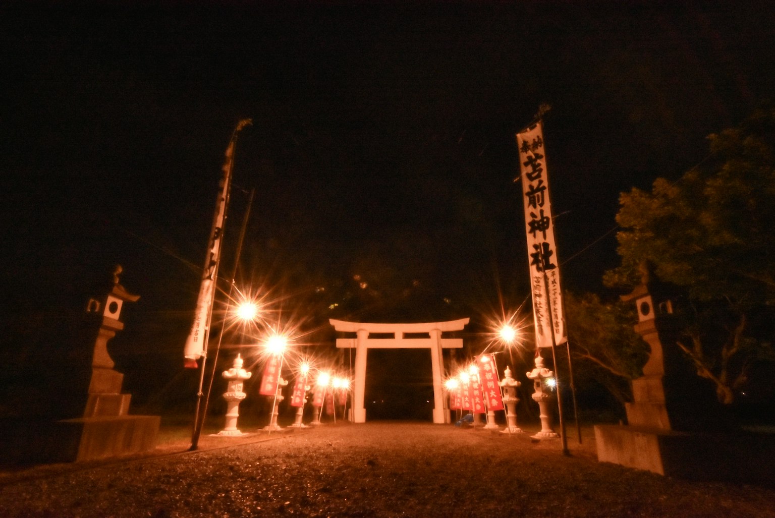 Schöner Blick auf ein Torii und Laternen in einem Schrein bei Nacht
