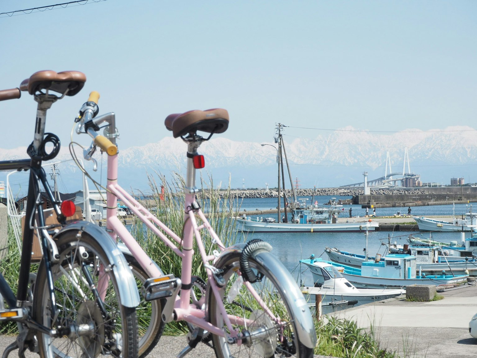 Biciclette in primo piano con barche e montagne sullo sfondo