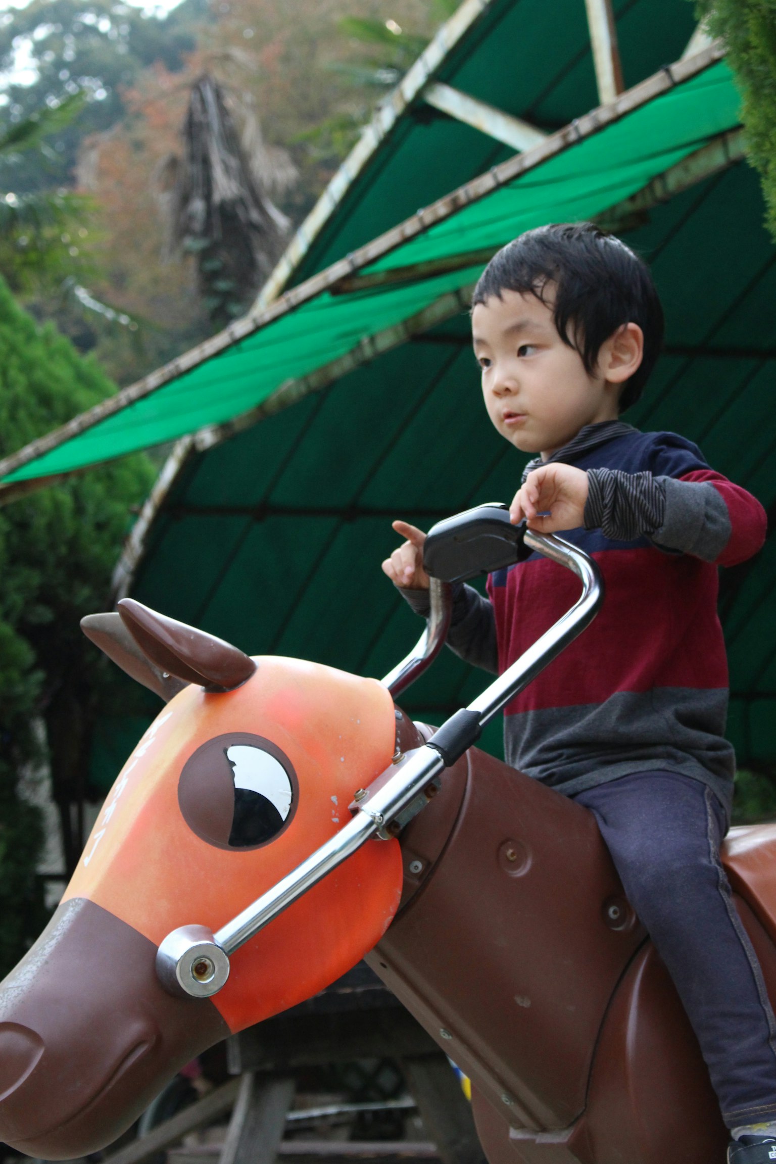 Enfant montant un jouet cheval dans un parc