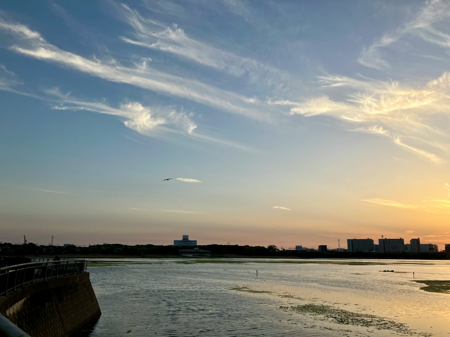 日落時的河流風景與藍天中的雲彩