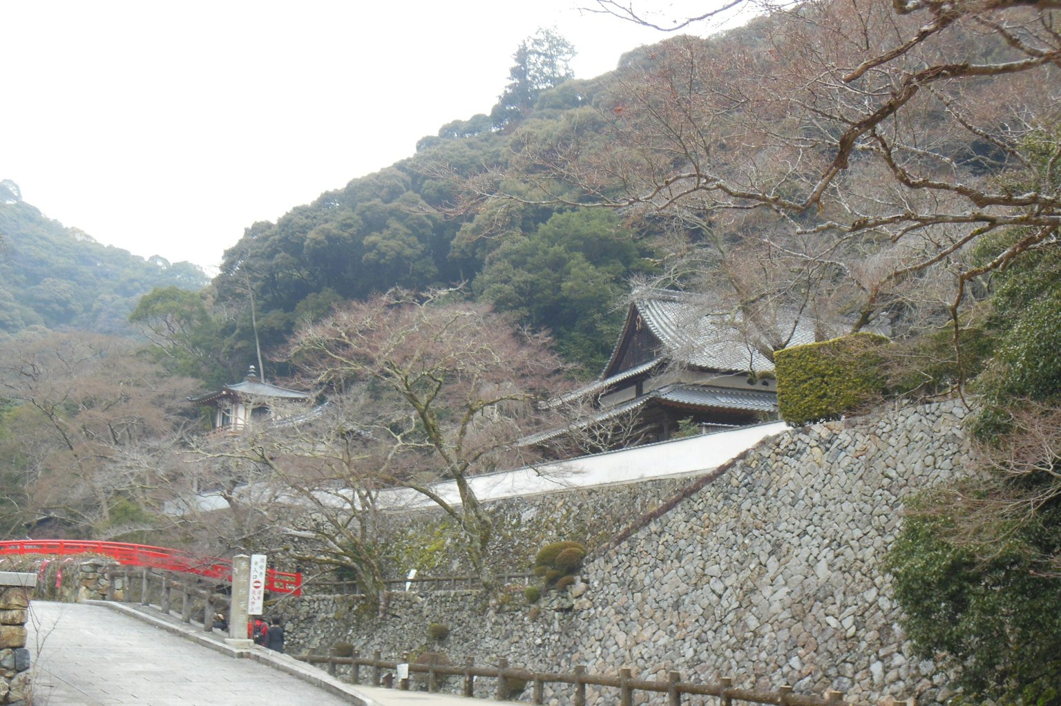 Scenic view of an ancient temple nestled in the mountains with cherry blossom trees