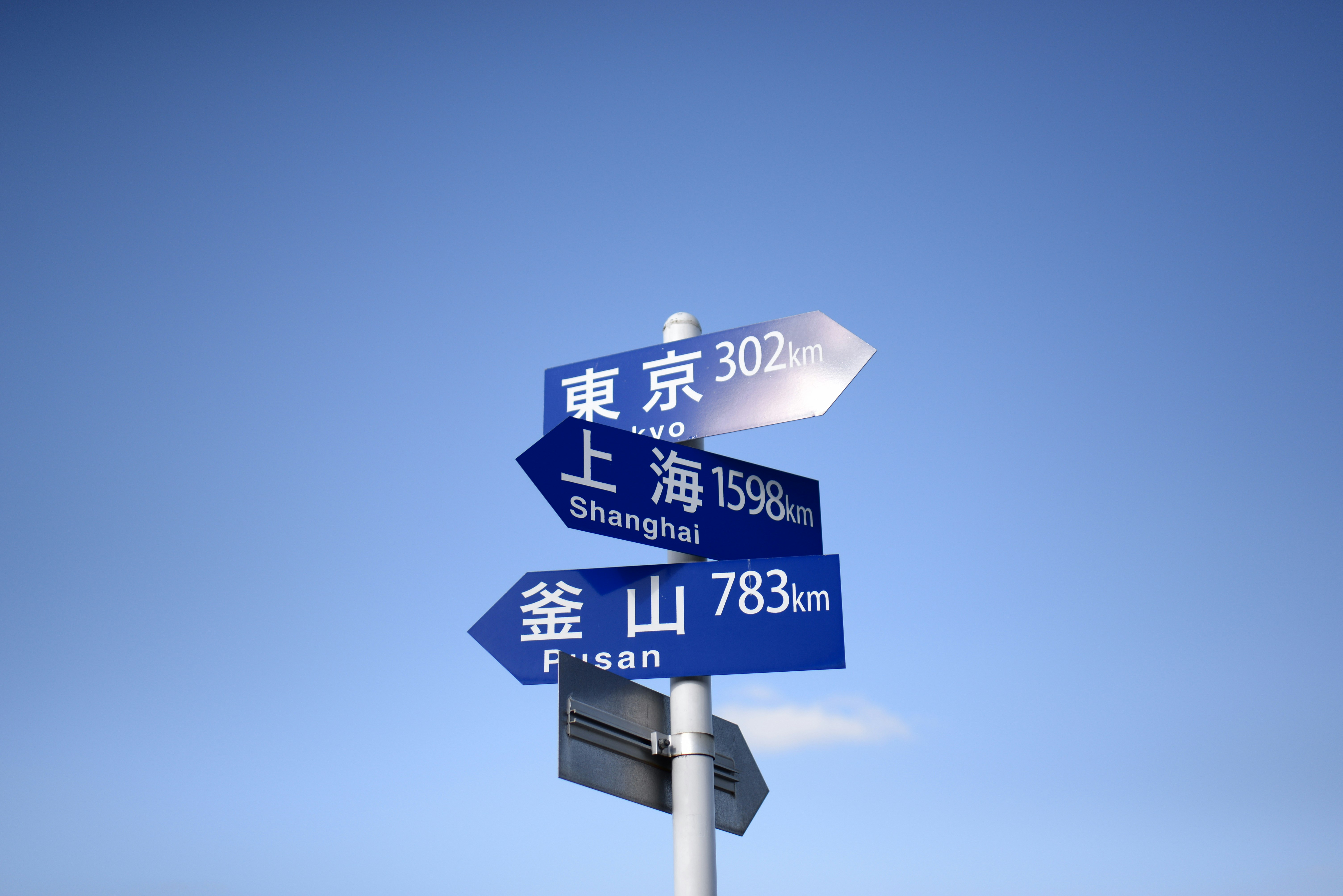 青空の下に立つ道標（東京・上海・釜山・笠山）