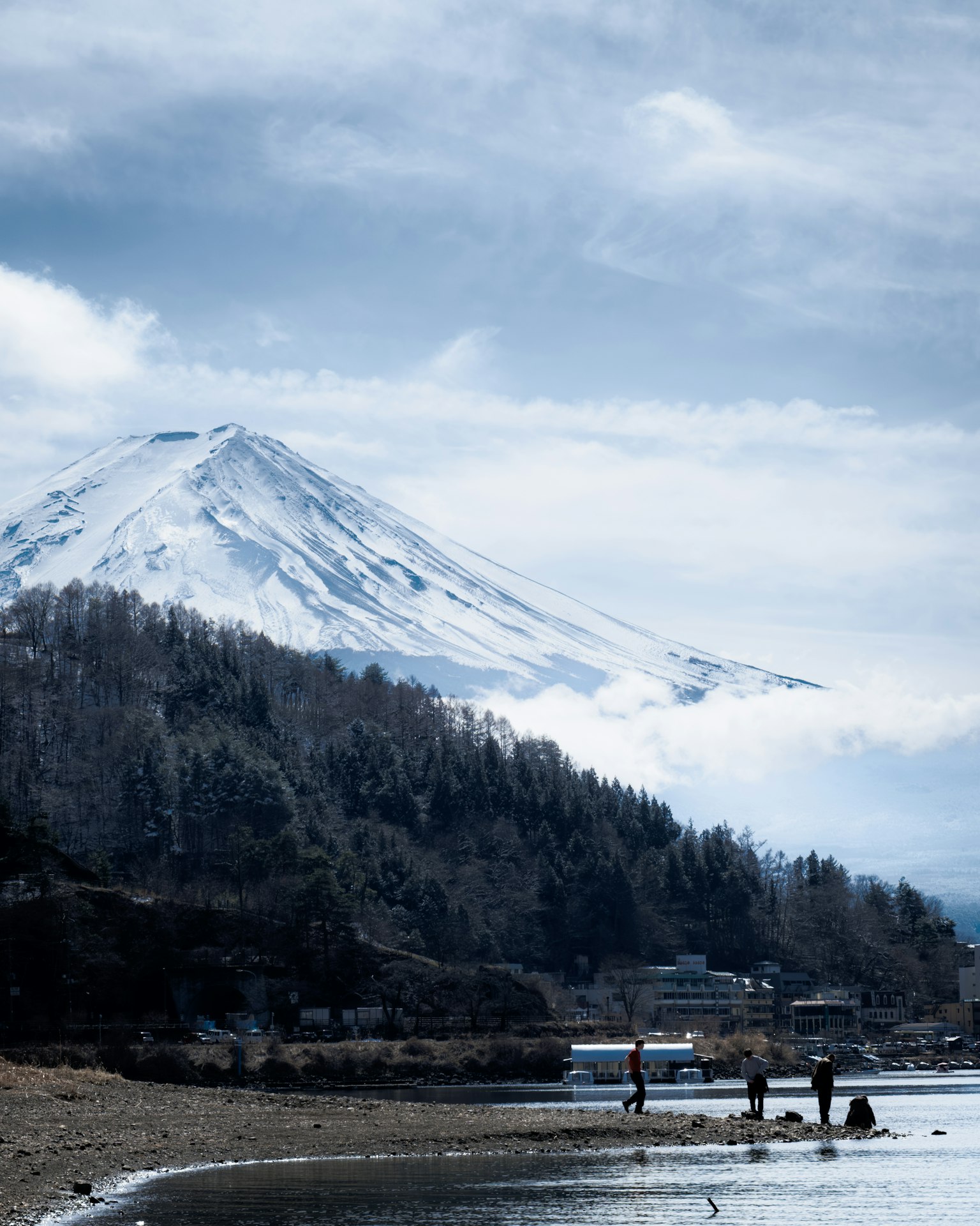 Snow-capped mountain with a serene coastline