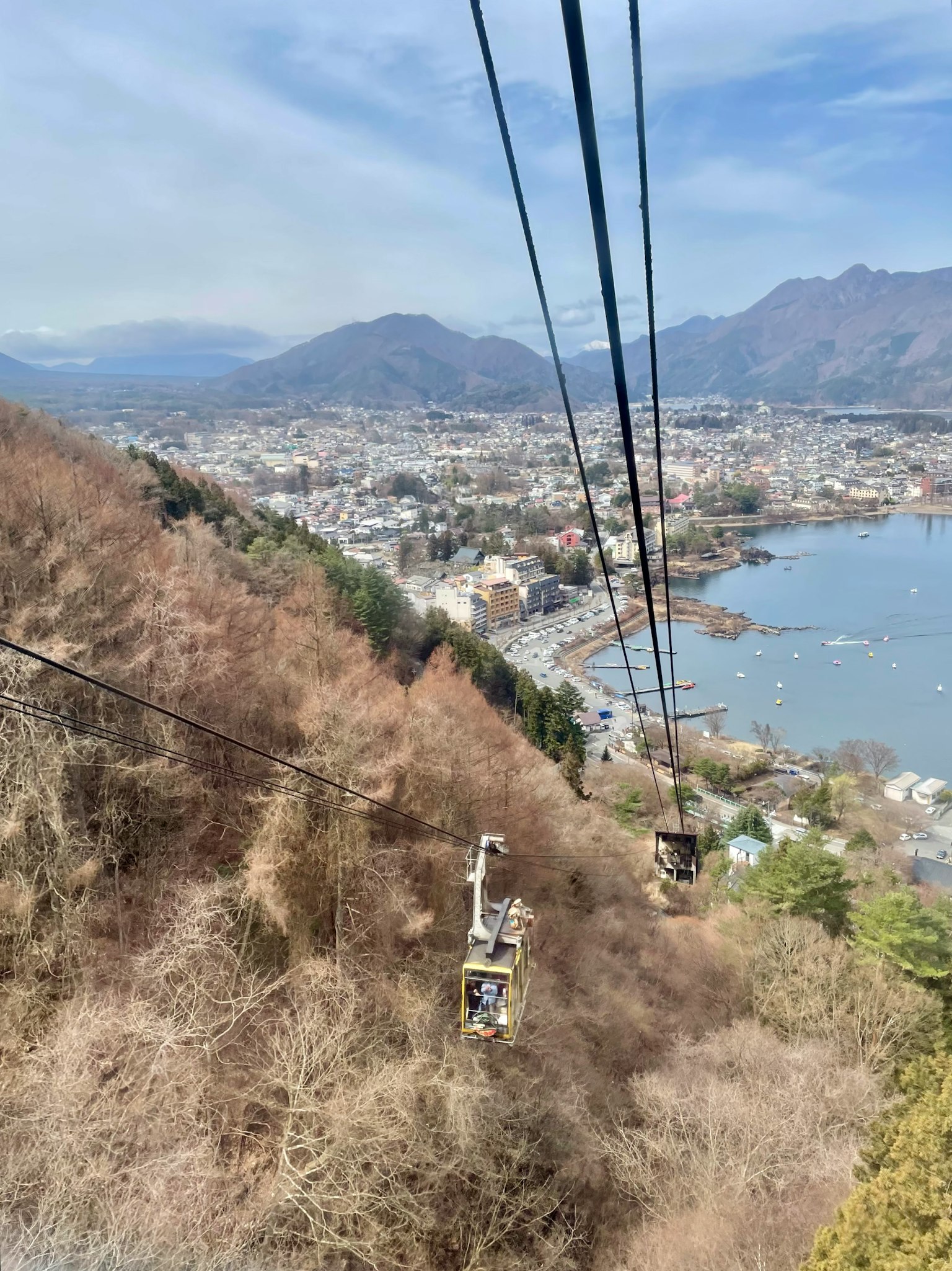 Vue aérienne d'une ville et d'un lac depuis une montagne avec des téléphériques