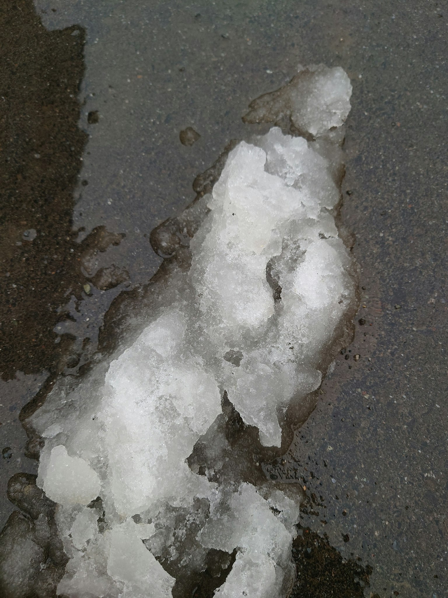 Blocco di ghiaccio in una pozzanghera sulla strada