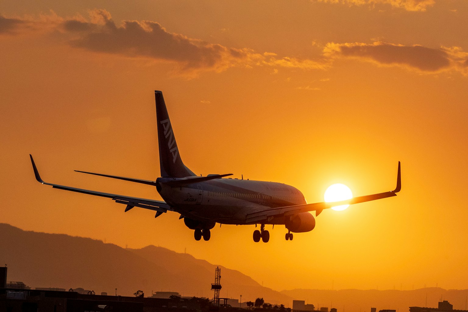 Airplane landing against a sunset backdrop