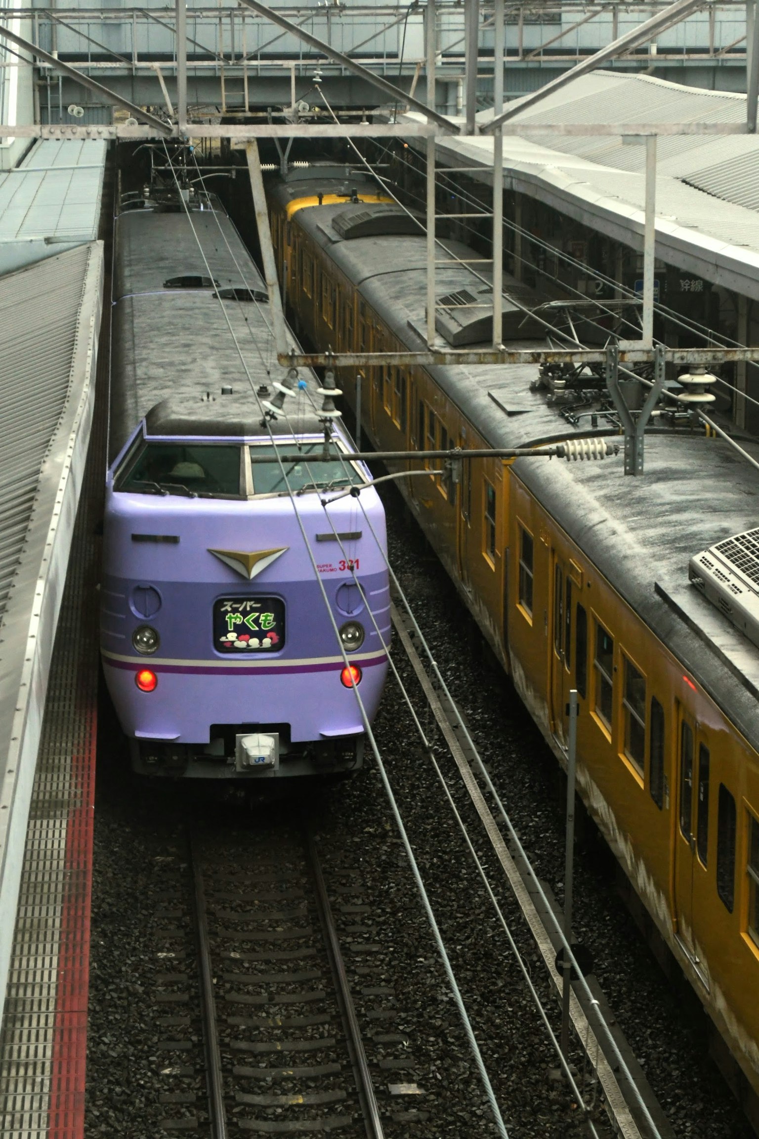 紫色快車在車站停靠，附近有另一列火車