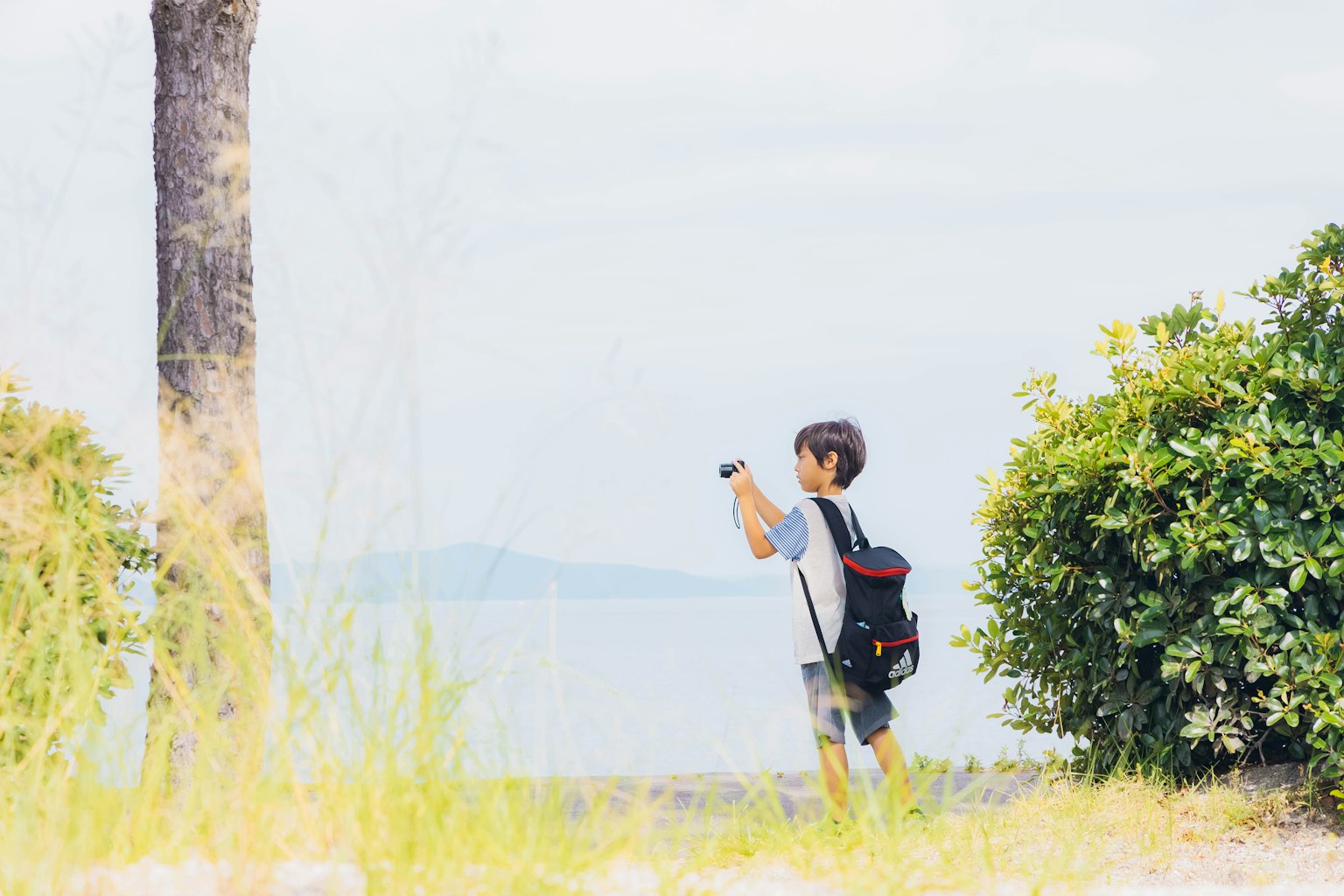 เด็กชายถือกล้องที่ชายหาดมีหญ้าสีเขียวและต้นไม้