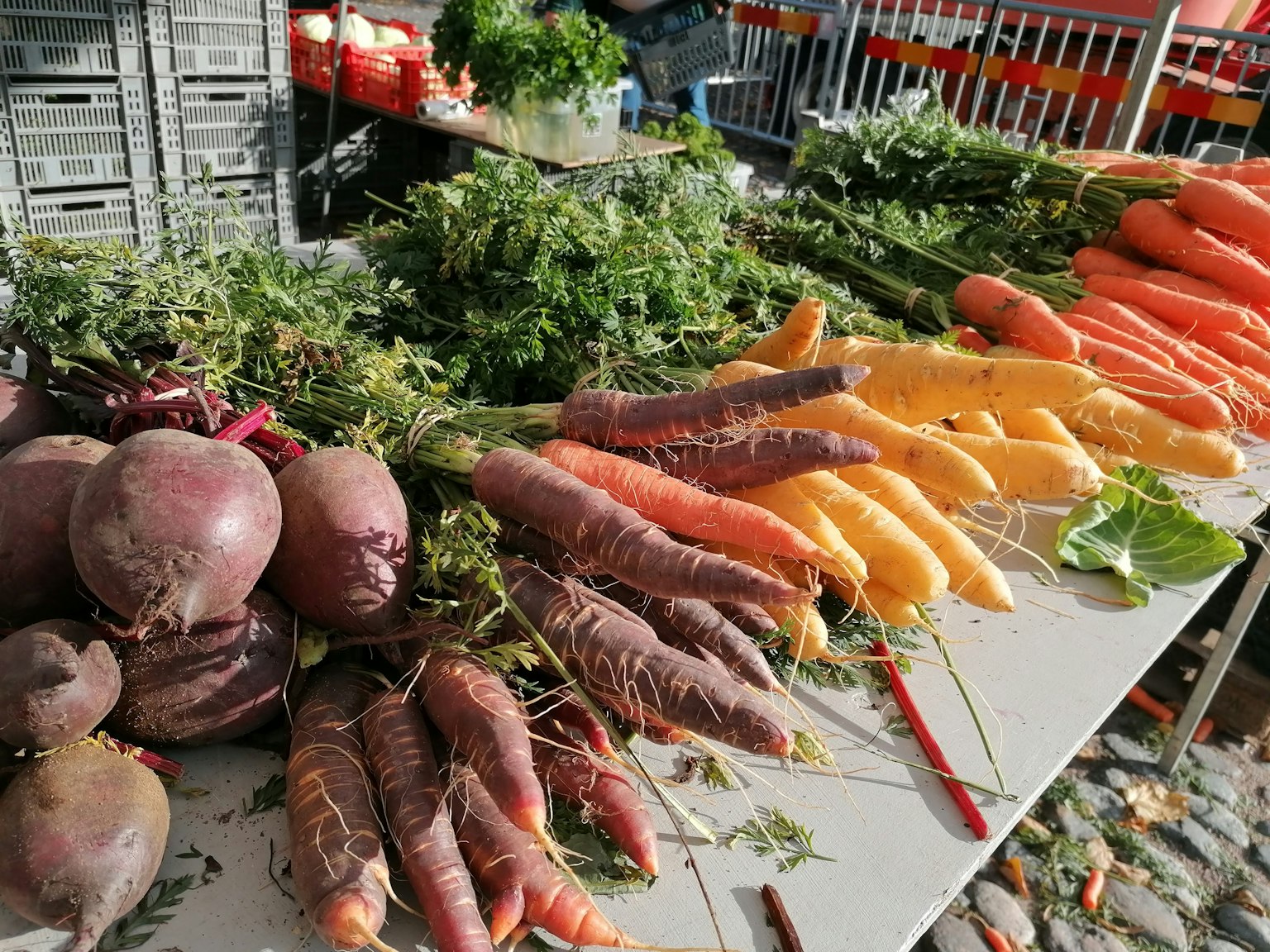 Carote colorate e barbabietole esposte in un mercato