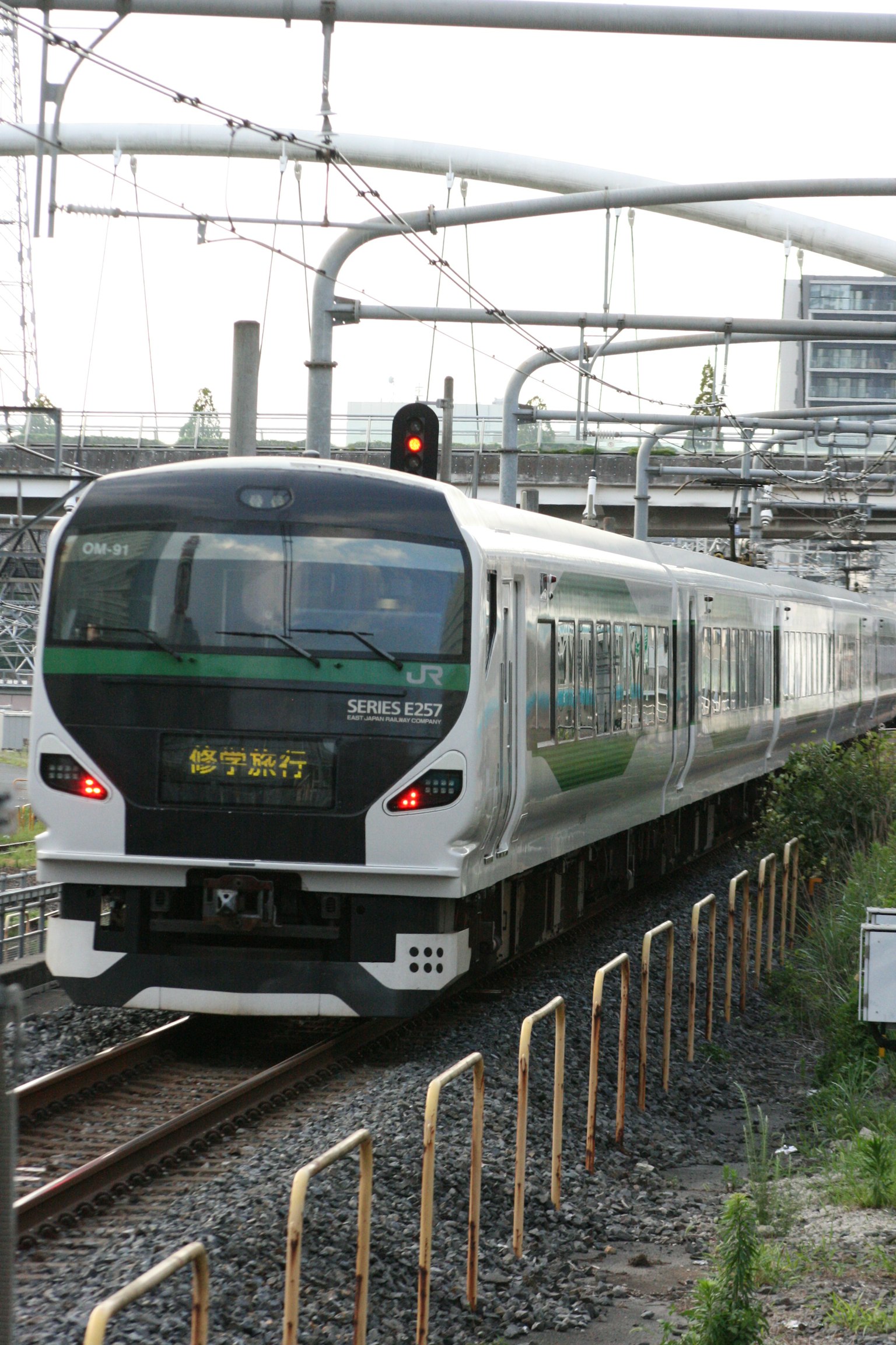 รถไฟสีเขียวและสีขาวกำลังเคลื่อนที่ไปตามราง