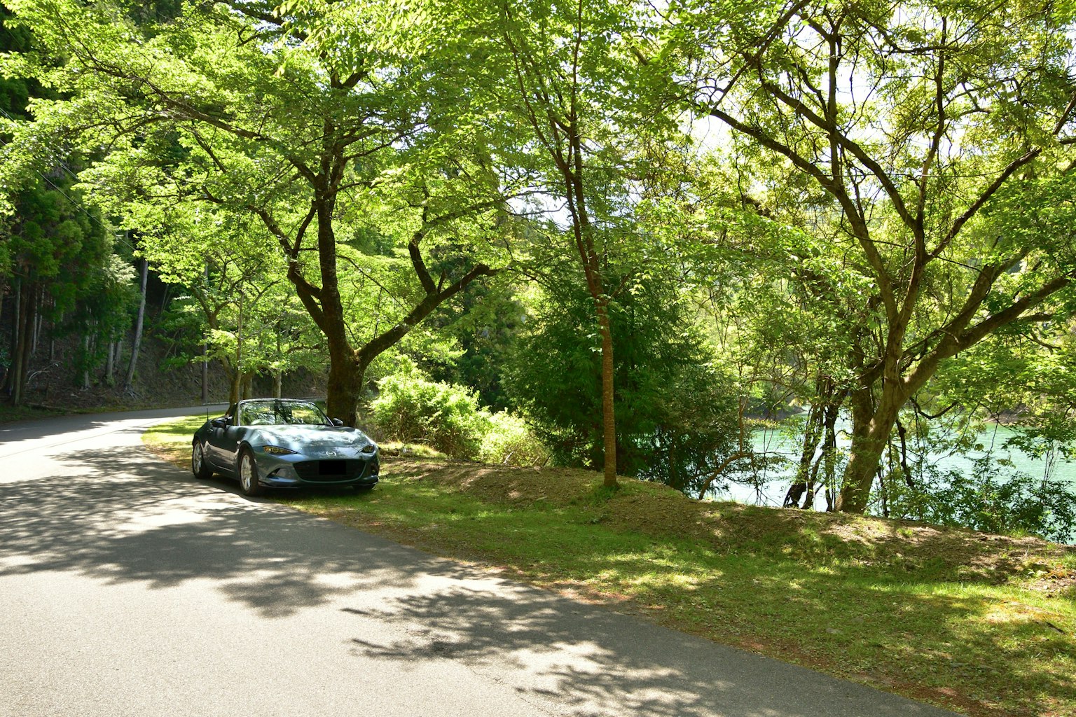 Un coche negro estacionado a lo largo de una carretera rodeada de árboles verdes y un cuerpo de agua azul