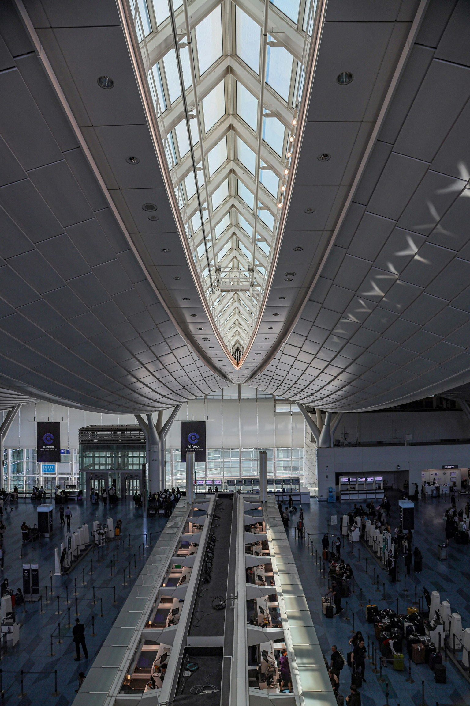 机场内部视角展示高高的天花板和大窗户旅客在值机柜台前