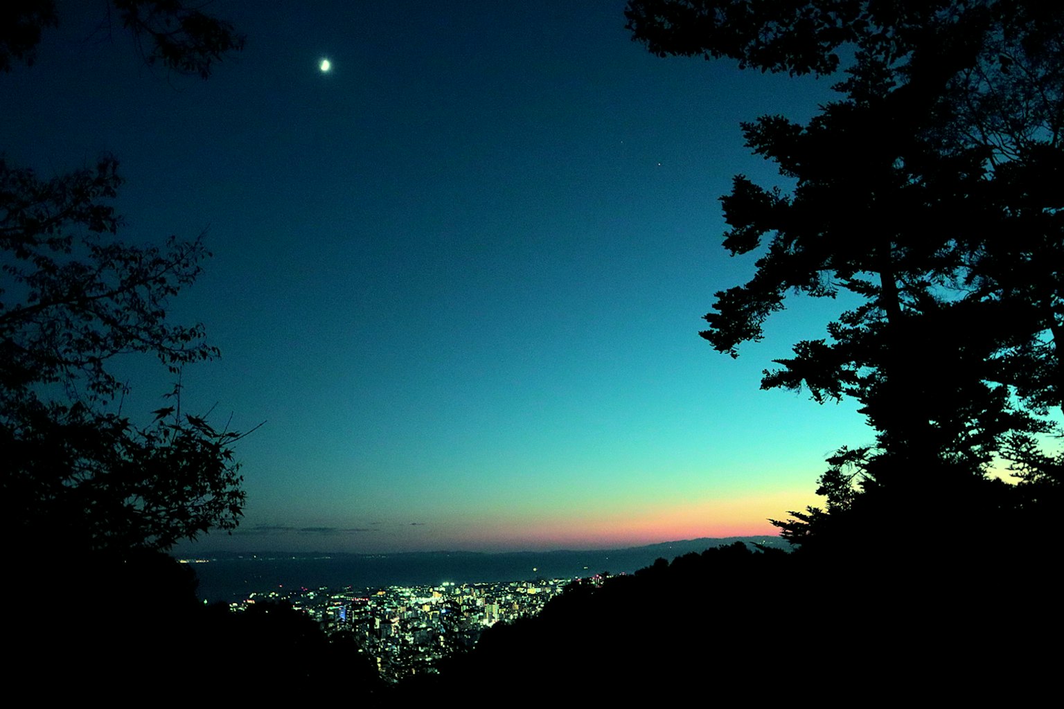 Scenic view of a city illuminated at night with a crescent moon in the sky