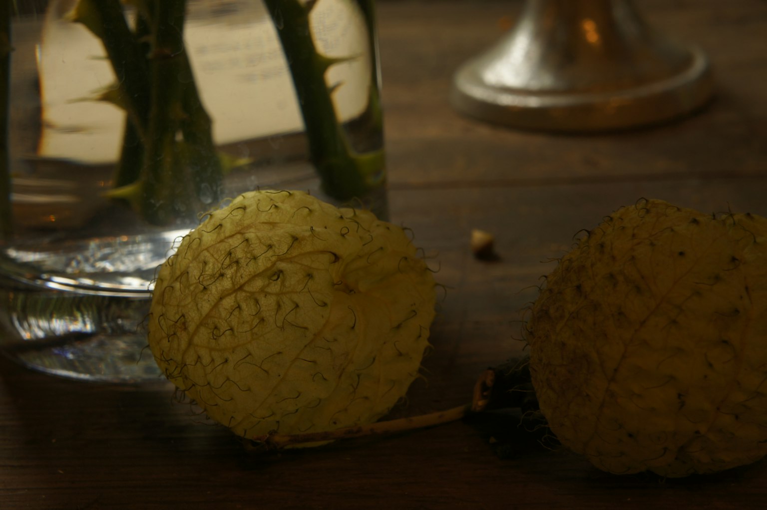 Frutas únicas colocadas sobre una mesa de madera junto a un jarrón transparente con plantas