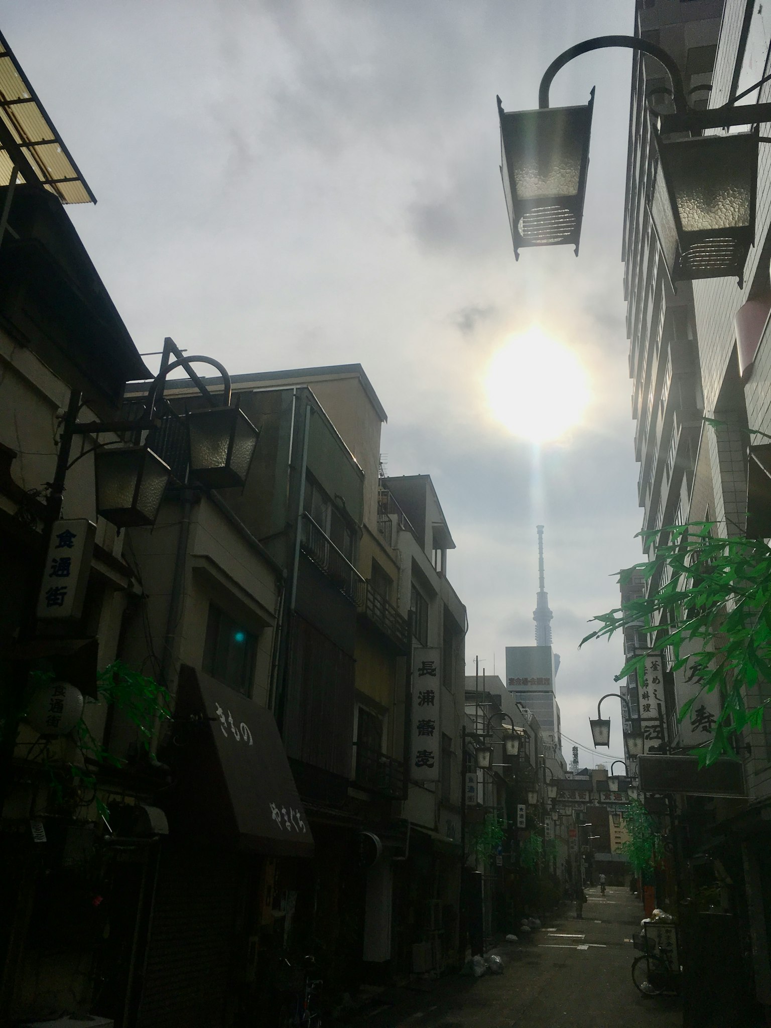Blick auf eine enge Gasse in Tokio mit Straßenlaternen und Tokyo Skytree