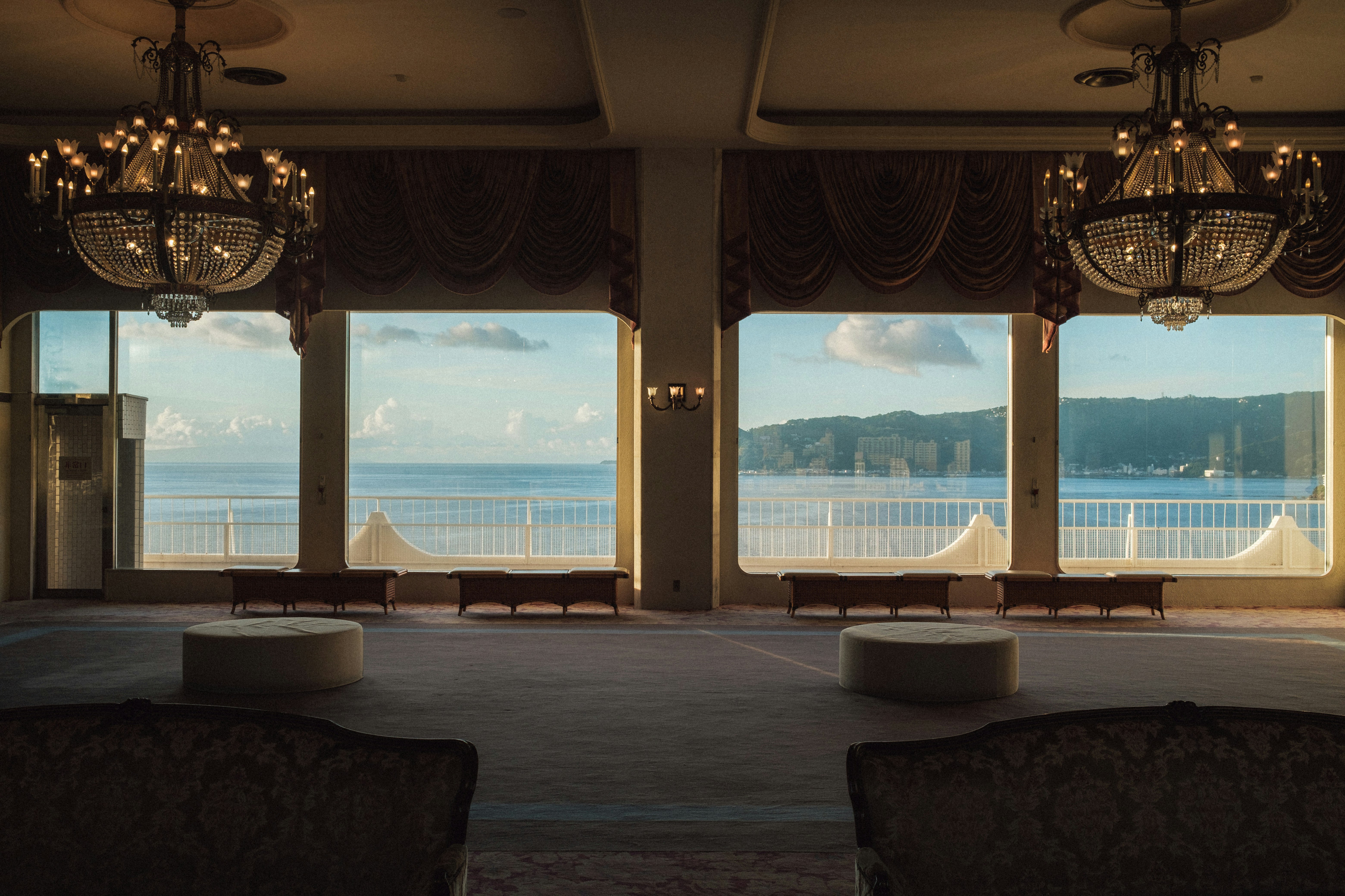 lounge interior with windows overlooking the sea