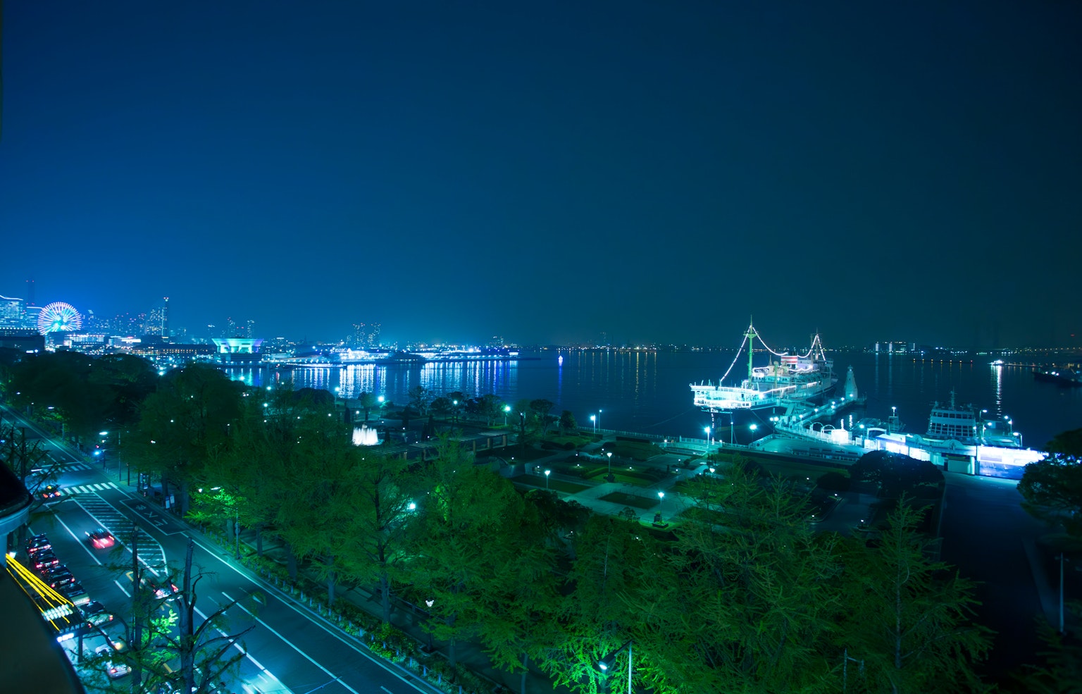 Vista notturna di un porto con navi e luci della città