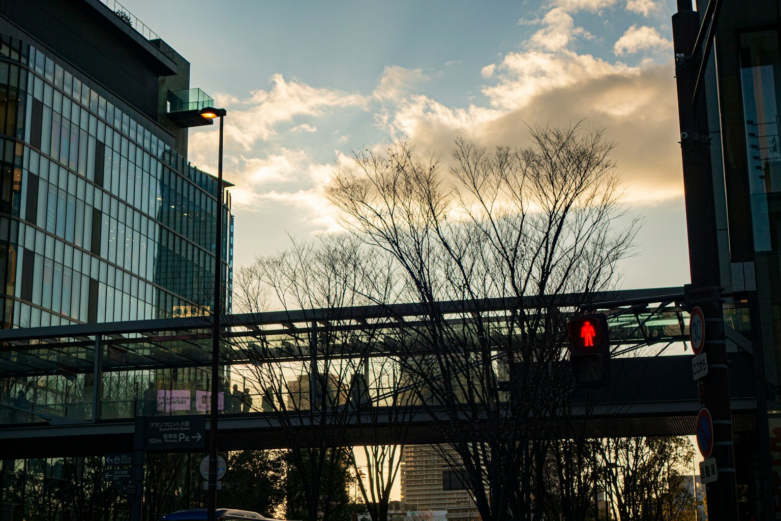 Silhouette von Gebäuden und Fußgängerbrücke bei Dämmerung mit rotem Licht