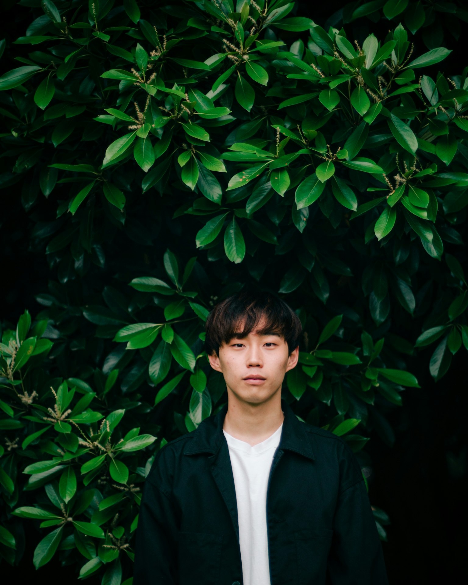 Portrait of a young man standing in front of green leaves