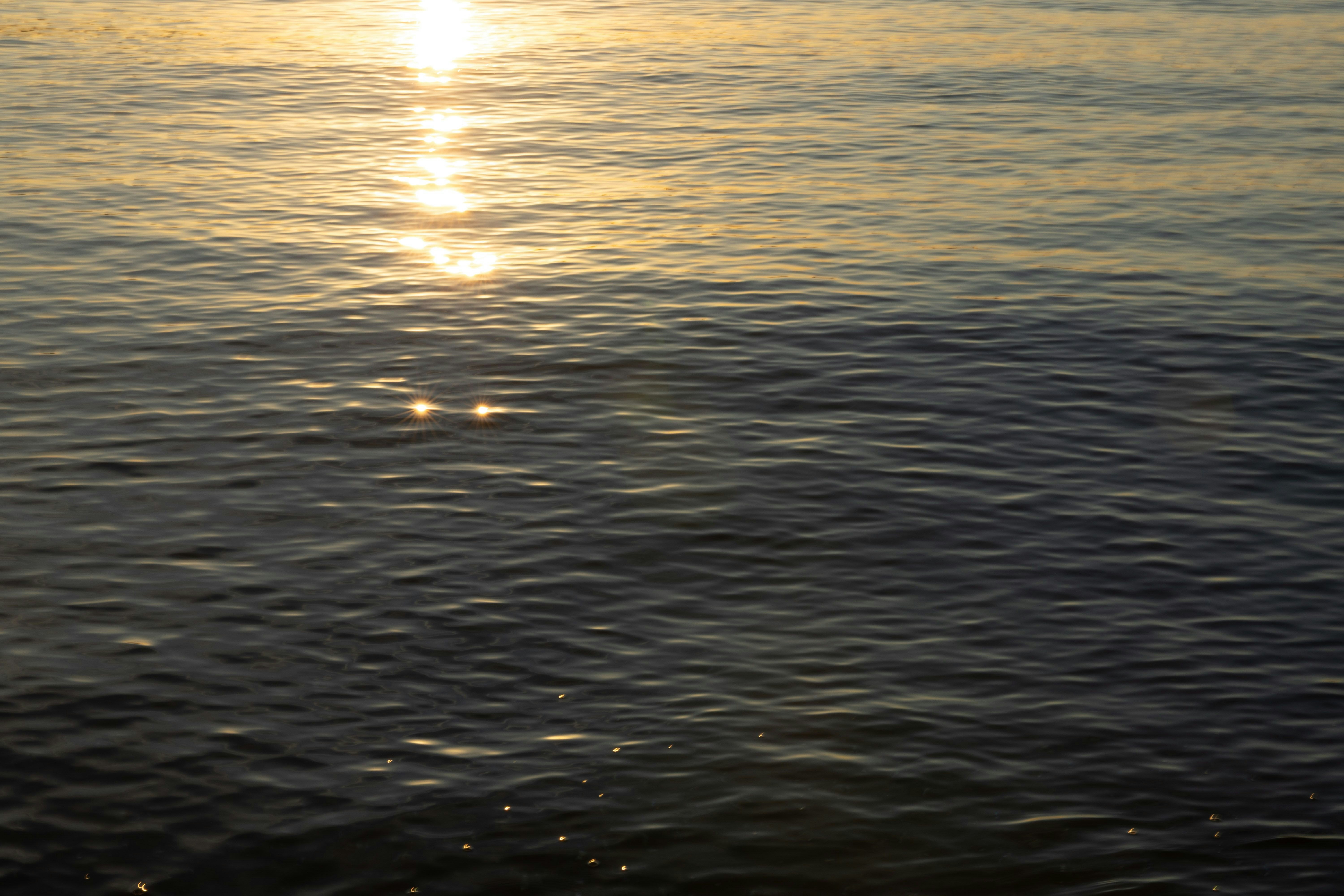 夕日に照らされた水面の波