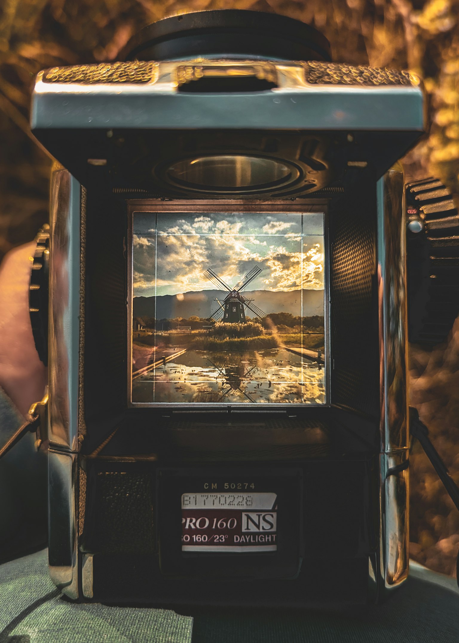 Imagen de un visor de cámara que muestra un paisaje con un cielo al atardecer y un paisaje natural