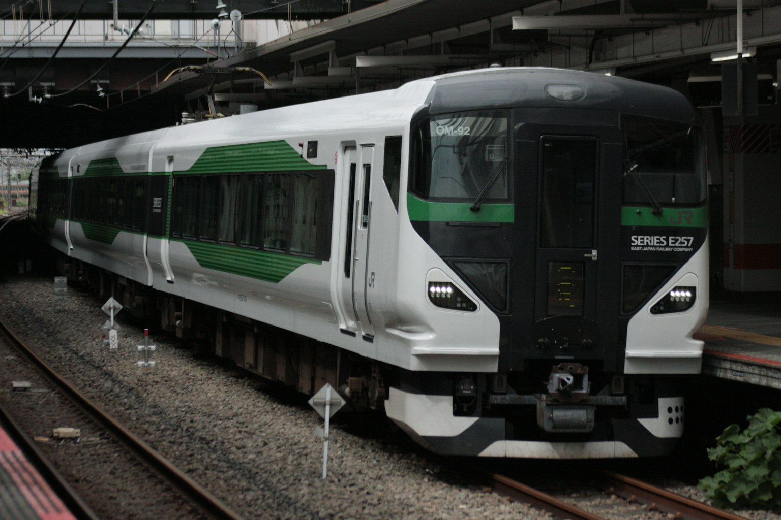 Un treno moderno in stazione con un design elegante e dettagli verdi