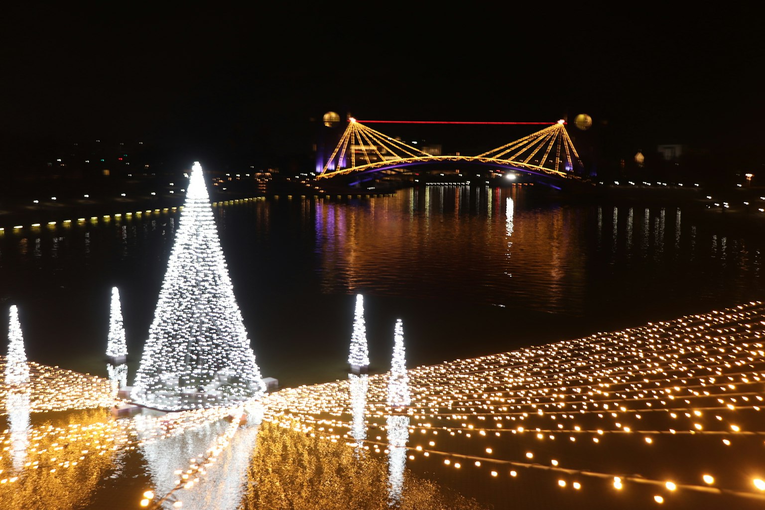 Illuminierte Weihnachtsbäume und Brücke über den Fluss bei Nacht