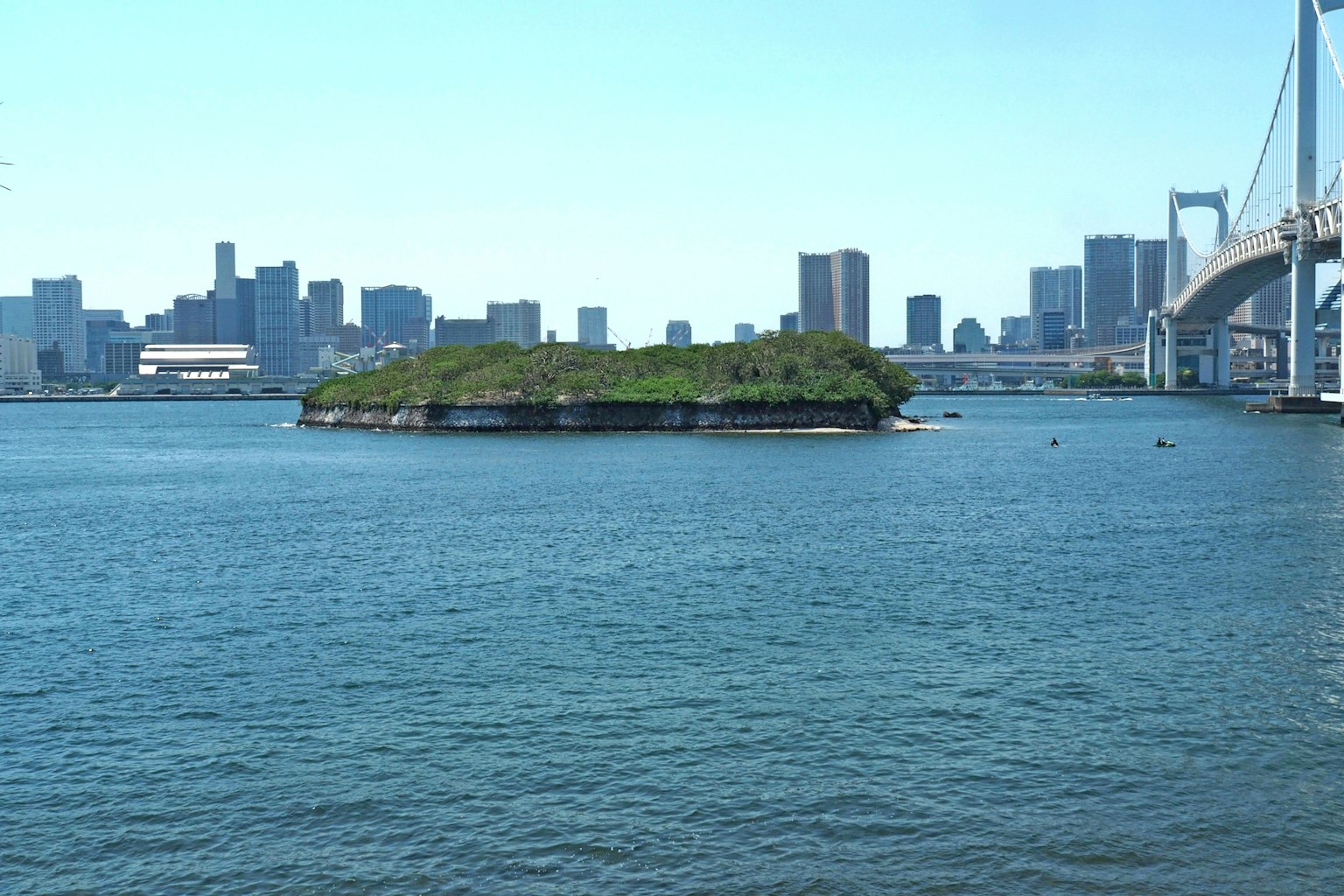 东京湾内绿意盎然的小岛与城市天际线的景观