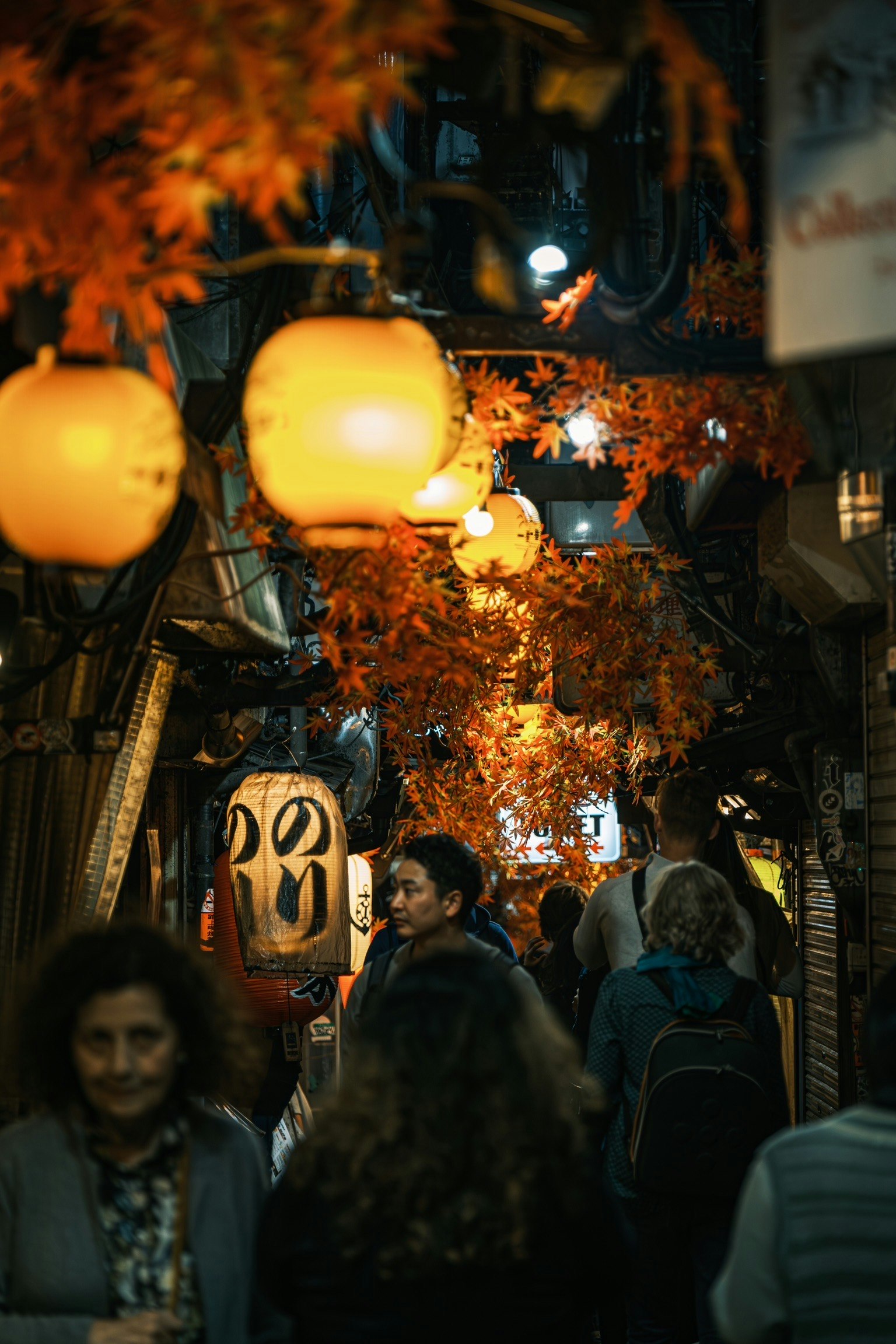 calle nocturna en Shinjuku con faroles y hojas de otoño