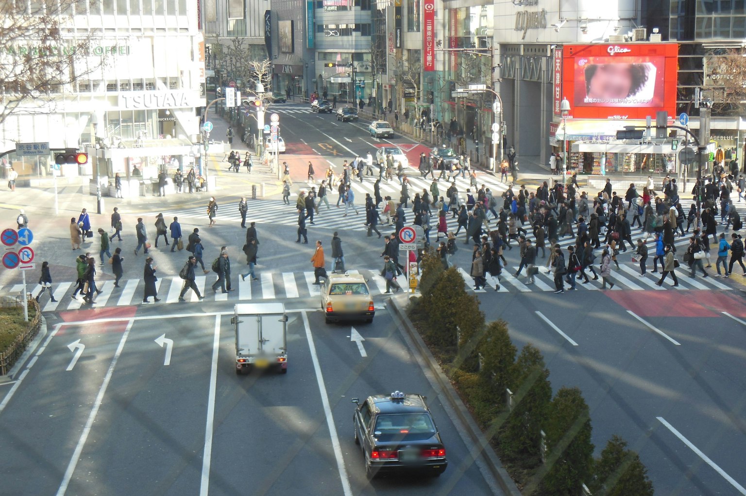 Busy crosswalk in Tokyo with numerous pedestrians crossing