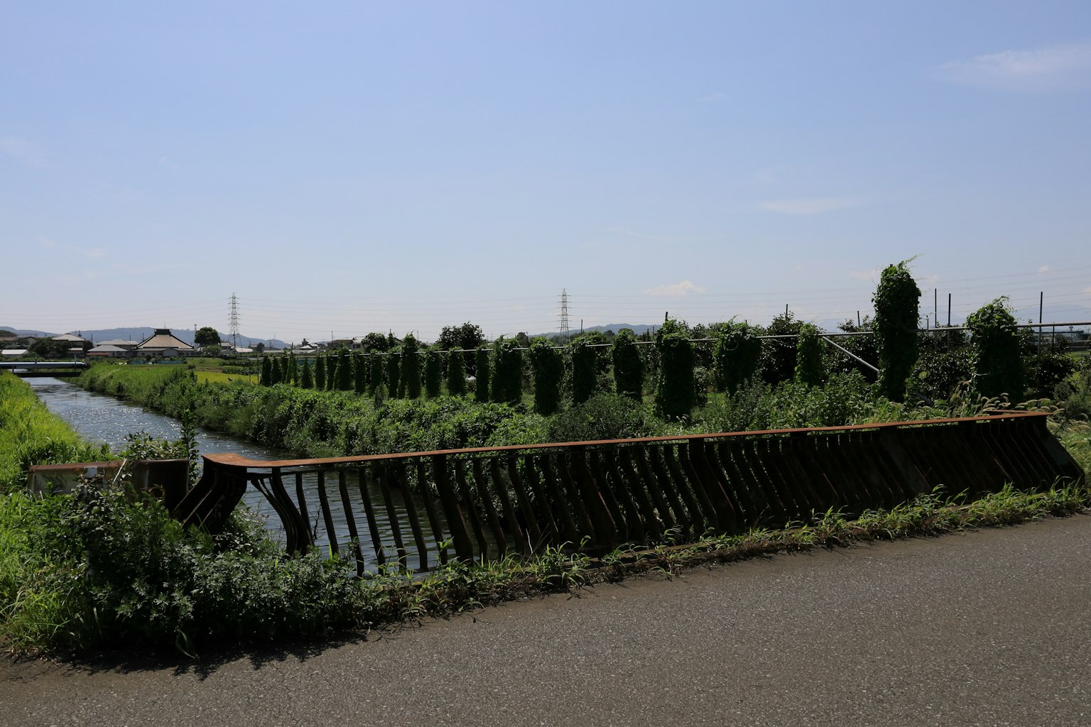 Paysage verdoyant au bord de la rivière avec une clôture inclinée