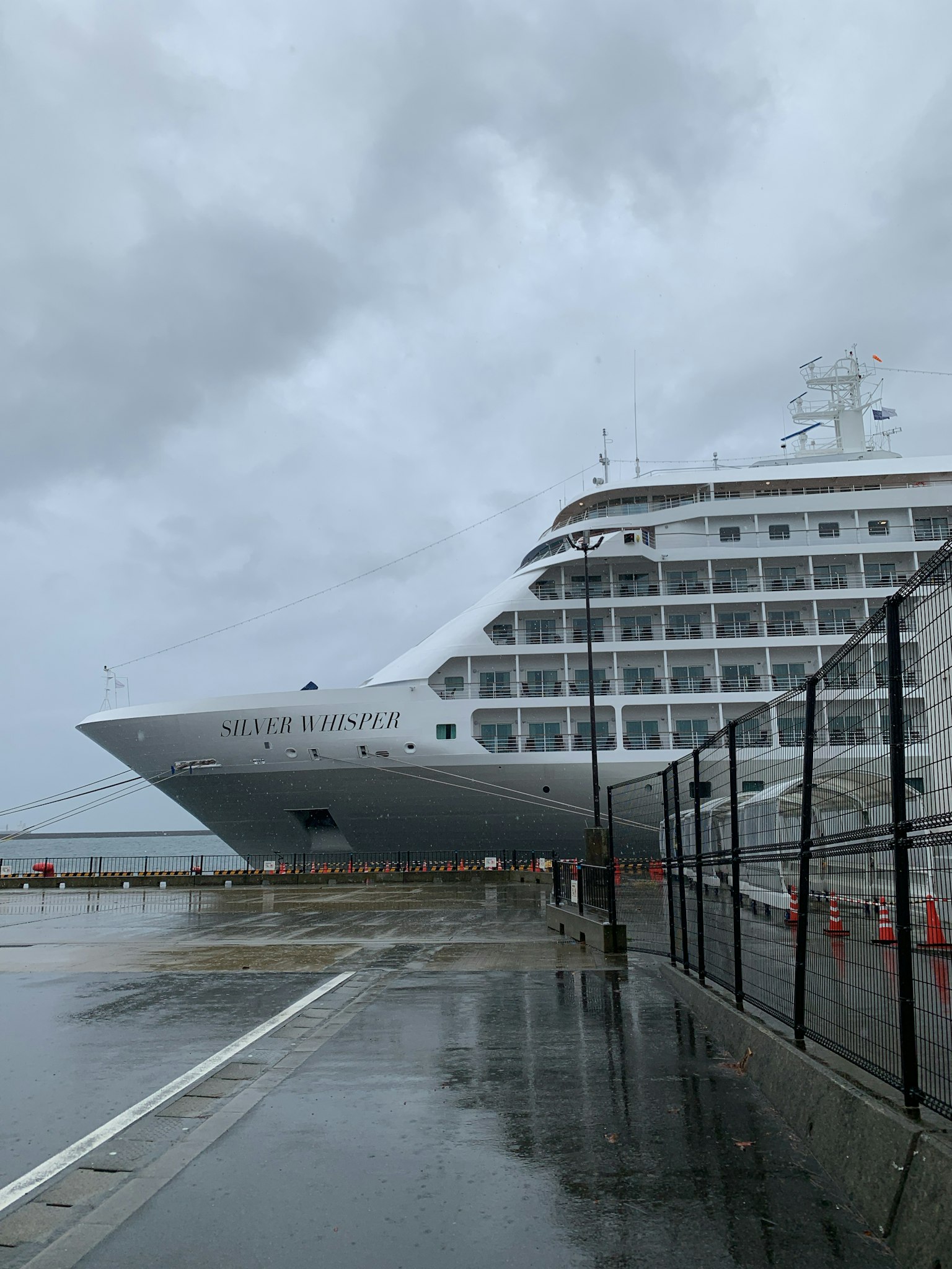 Gran barco de crucero atracado en un puerto en un día lluvioso