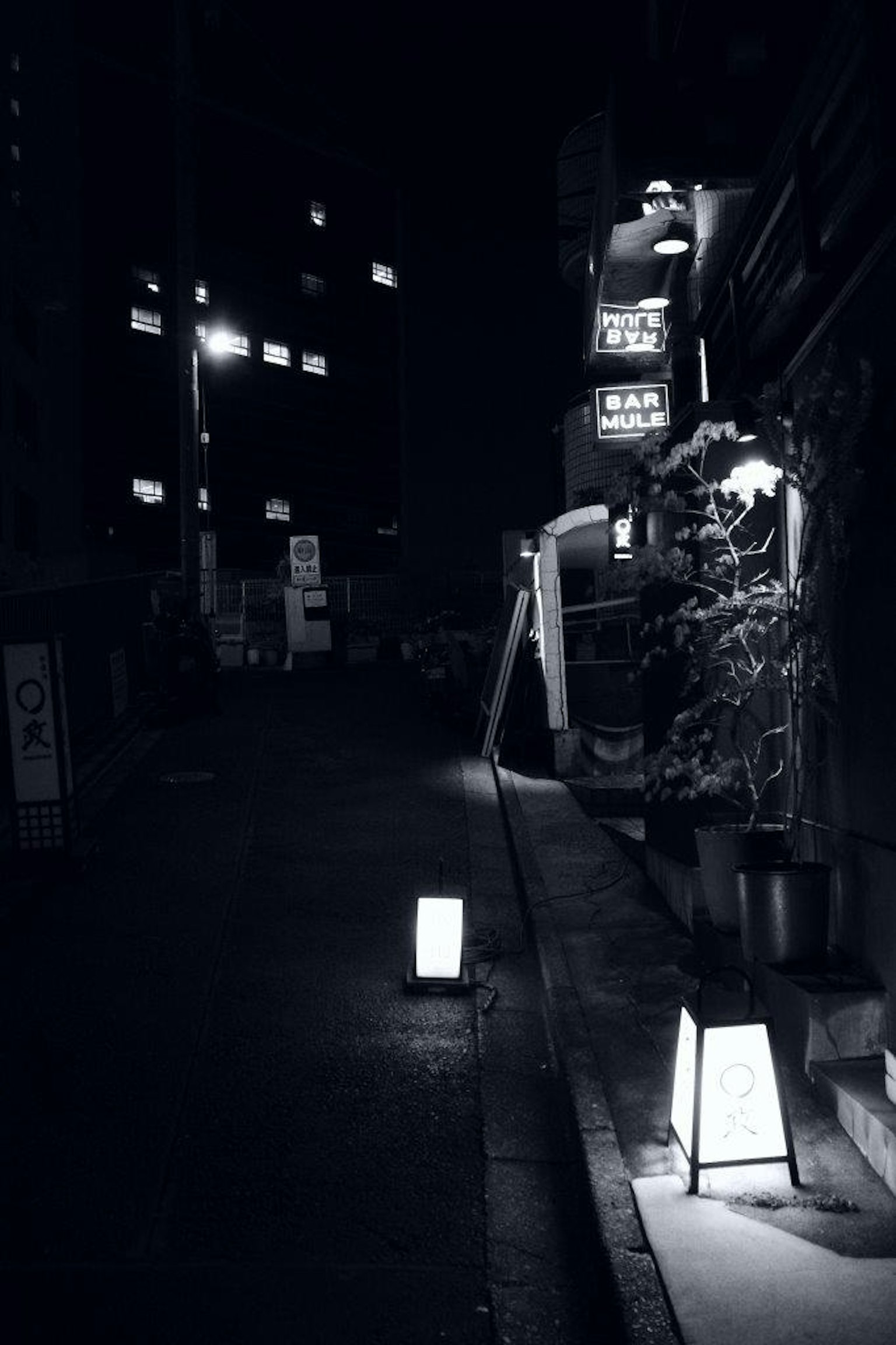 夜晚街角的燈籠和商店招牌