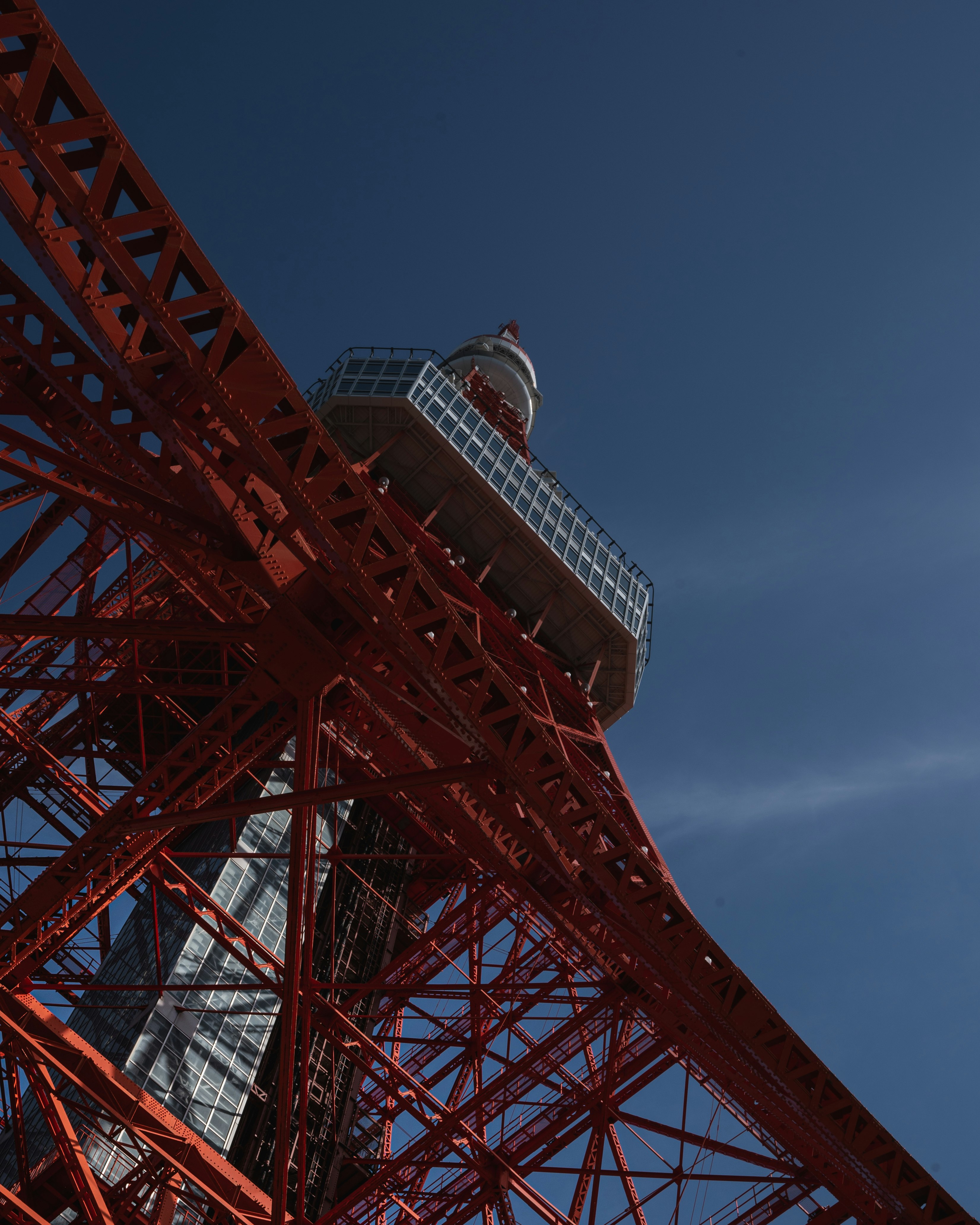 赤い鉄骨の東京タワーと高層ビル群の見上げ景色