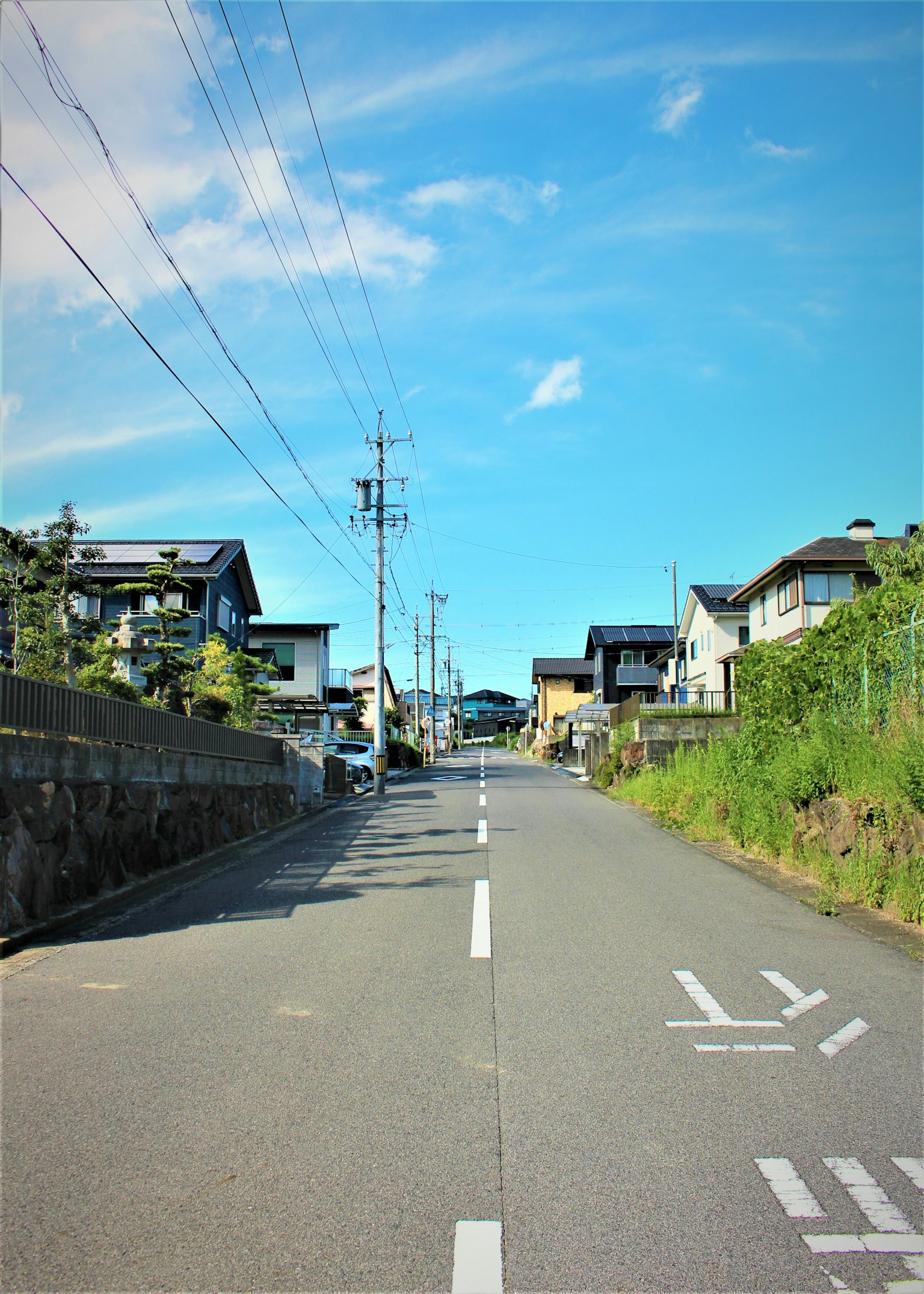 ถนนในย่านที่อยู่อาศัยเงียบสงบใต้ท้องฟ้าสีฟ้า