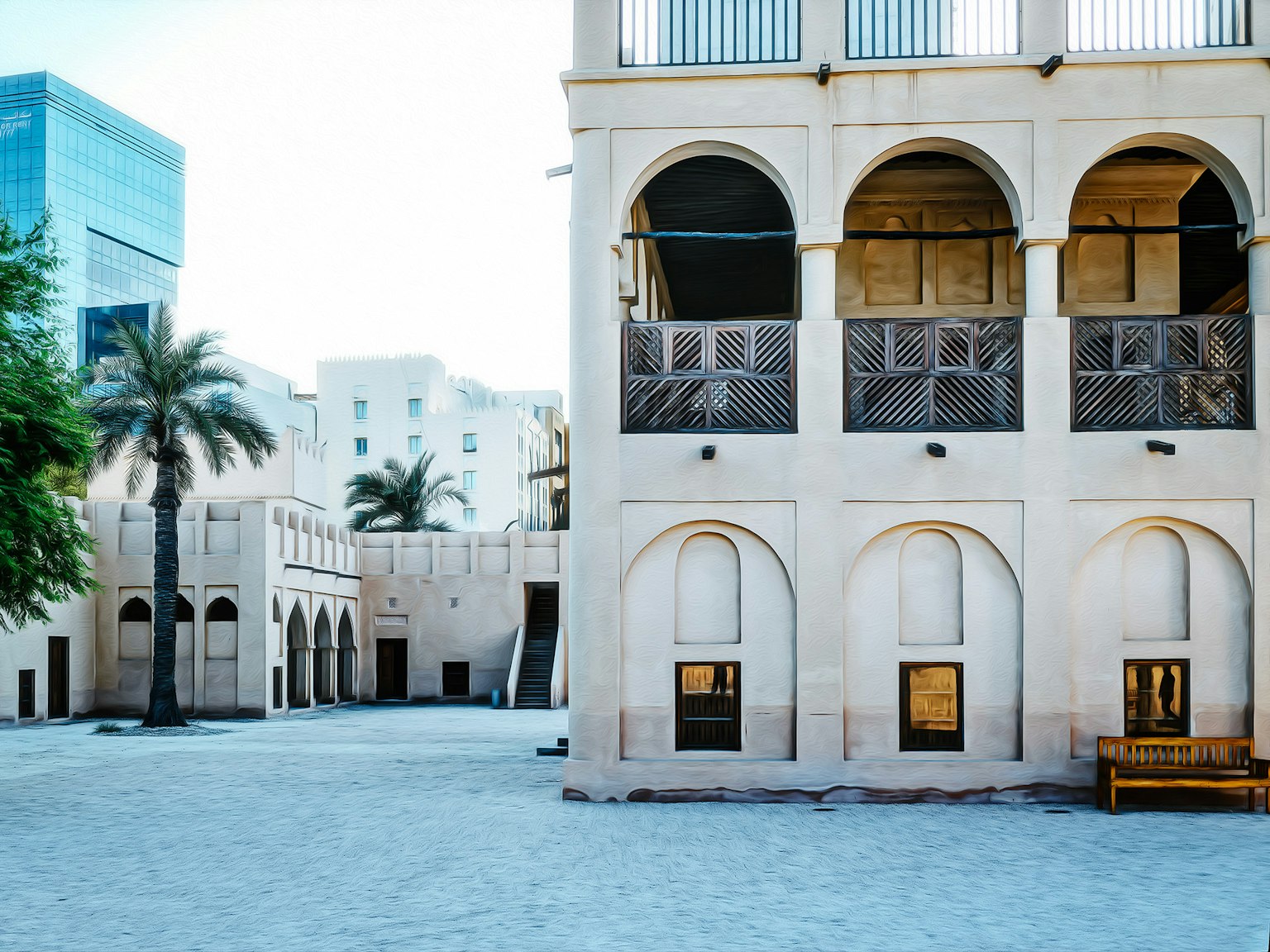 Cảnh quan của một tòa nhà truyền thống và kiến trúc hiện đại trong sân của Dubai