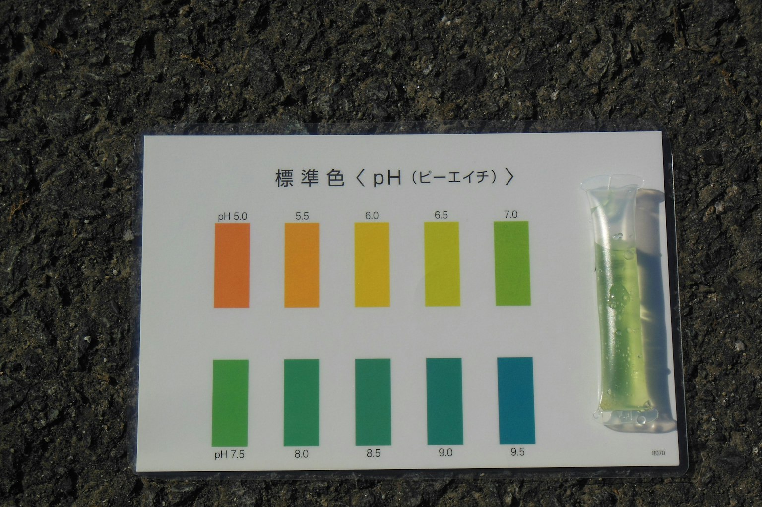 一條pH測試紙和顏色圖表顯示在黑色表面上
